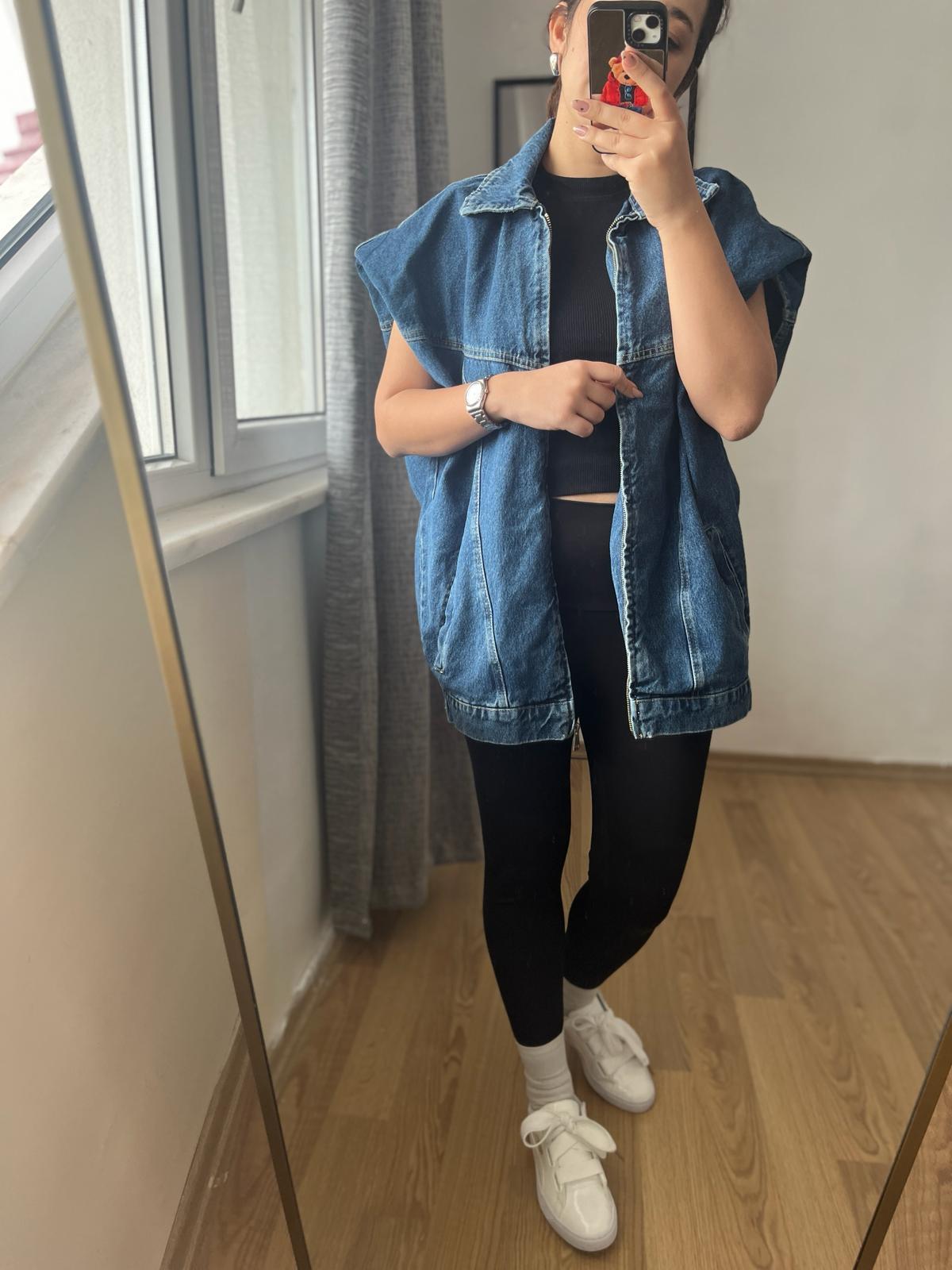 Vatkalı Uzun Mavi Denim Kadın Yelek · 3