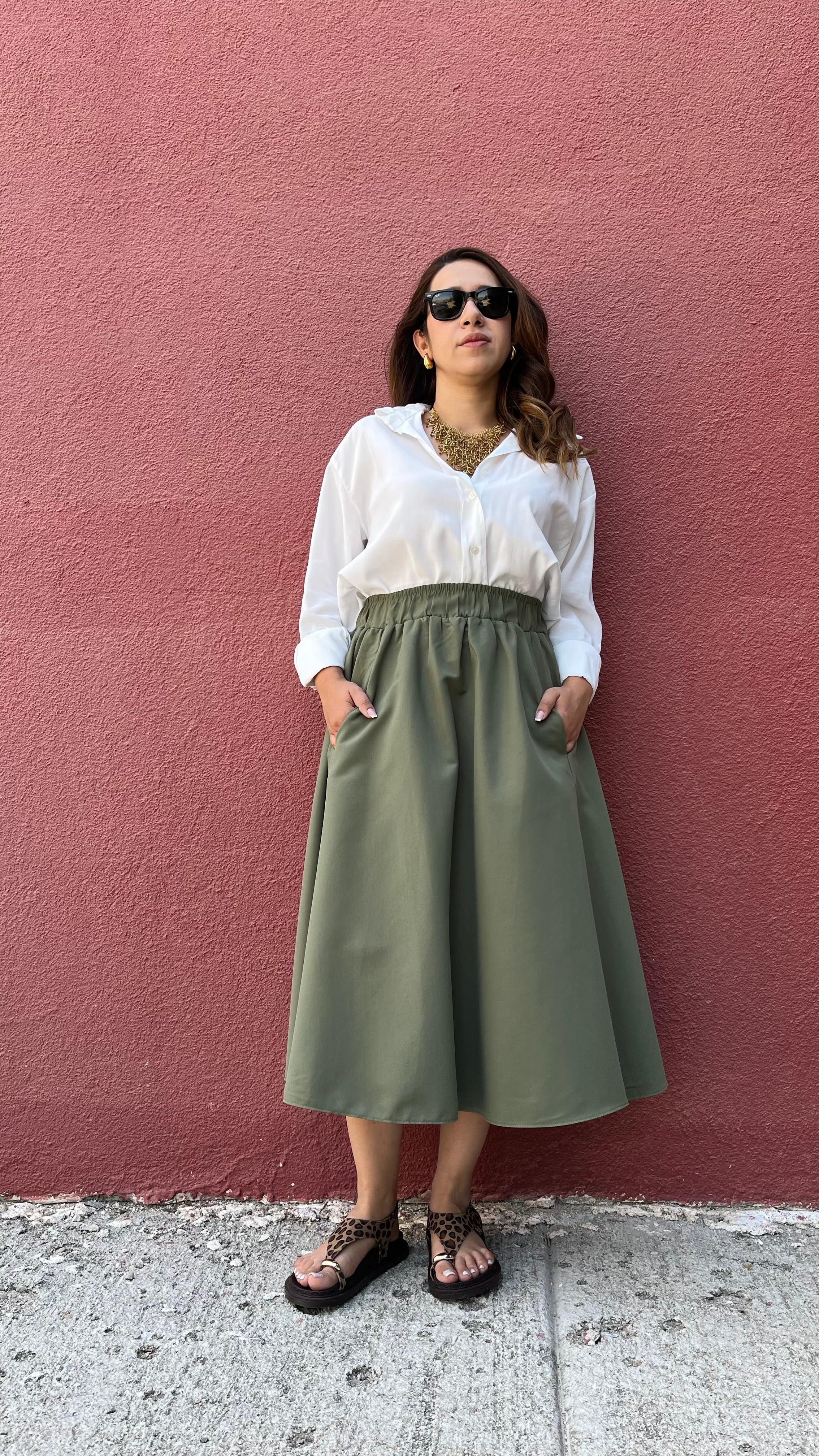 Volanlı Bel Lastikli Haki Midi Etek