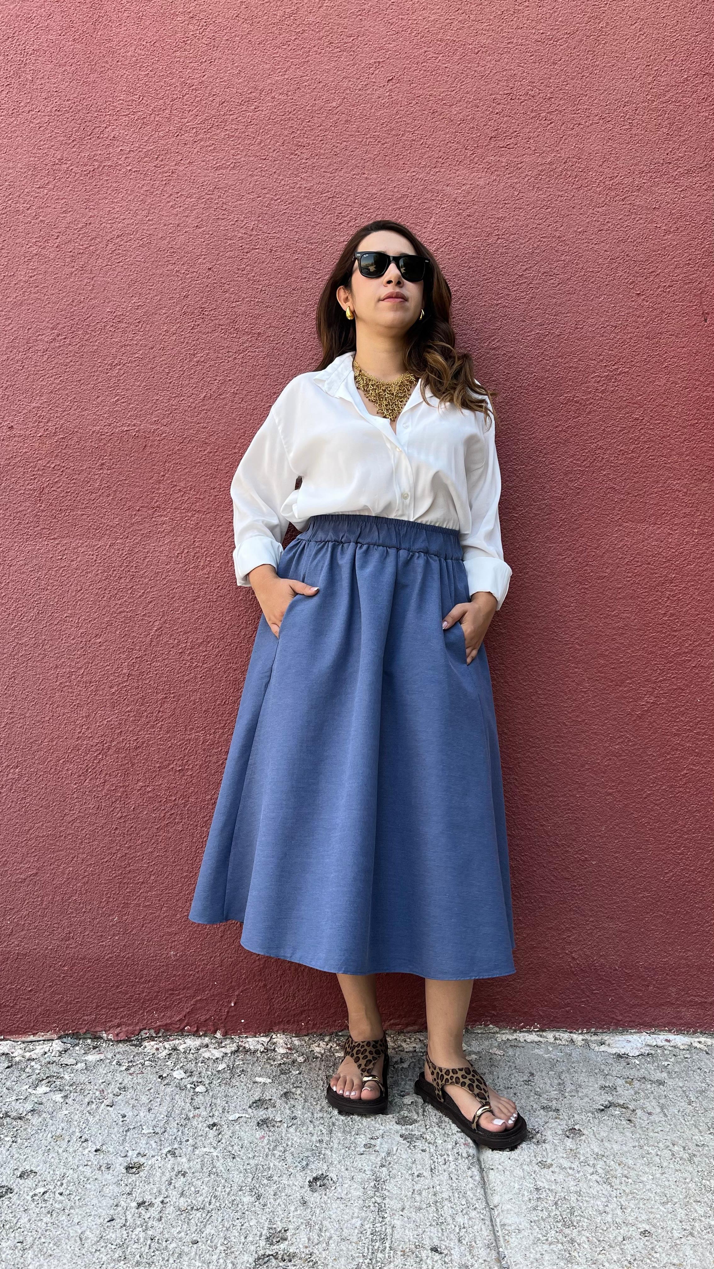 Volanlı Bel Lastikli Mavi Midi Etek