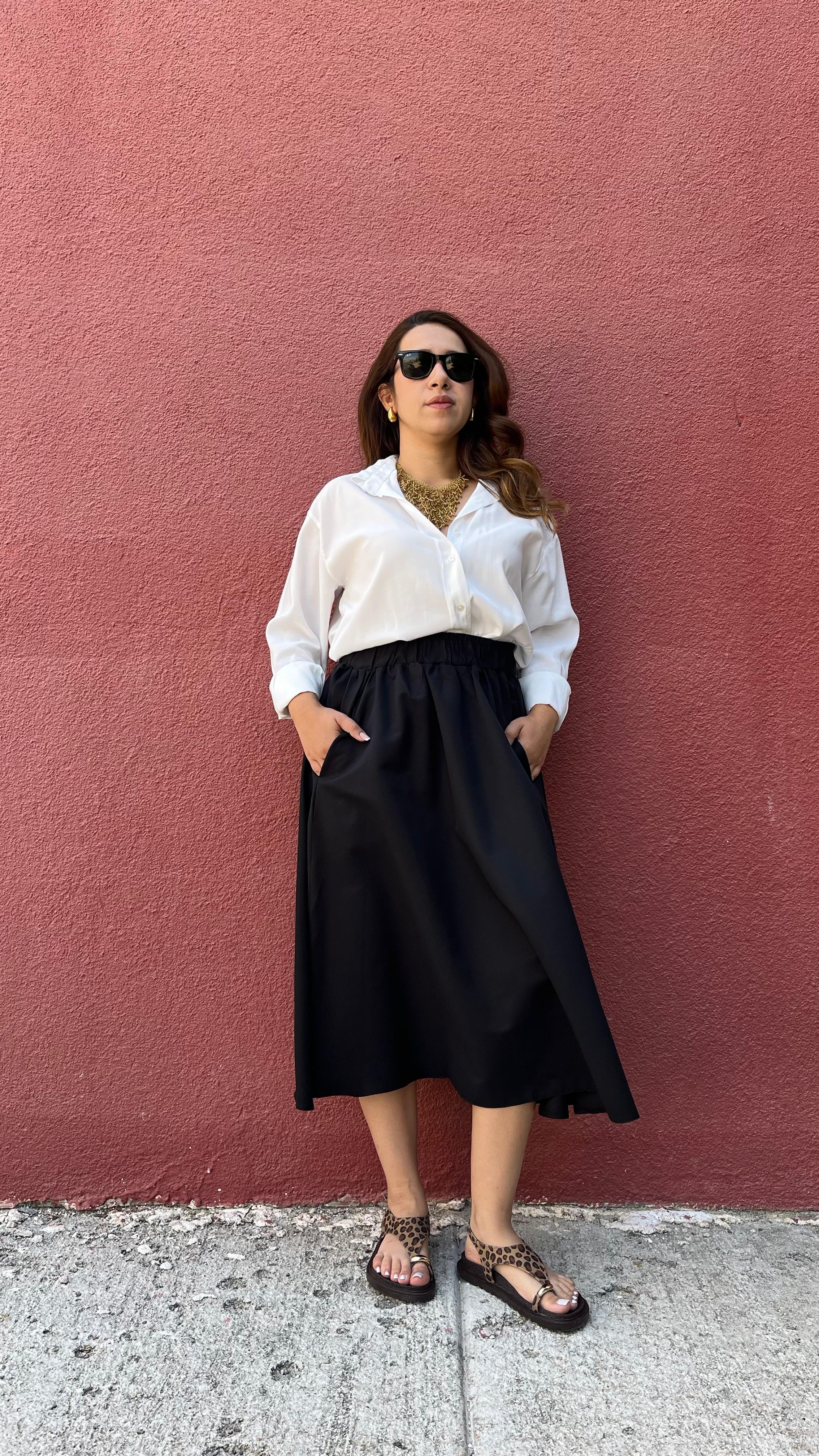 Volanlı Bel Lastikli Siyah Midi Etek