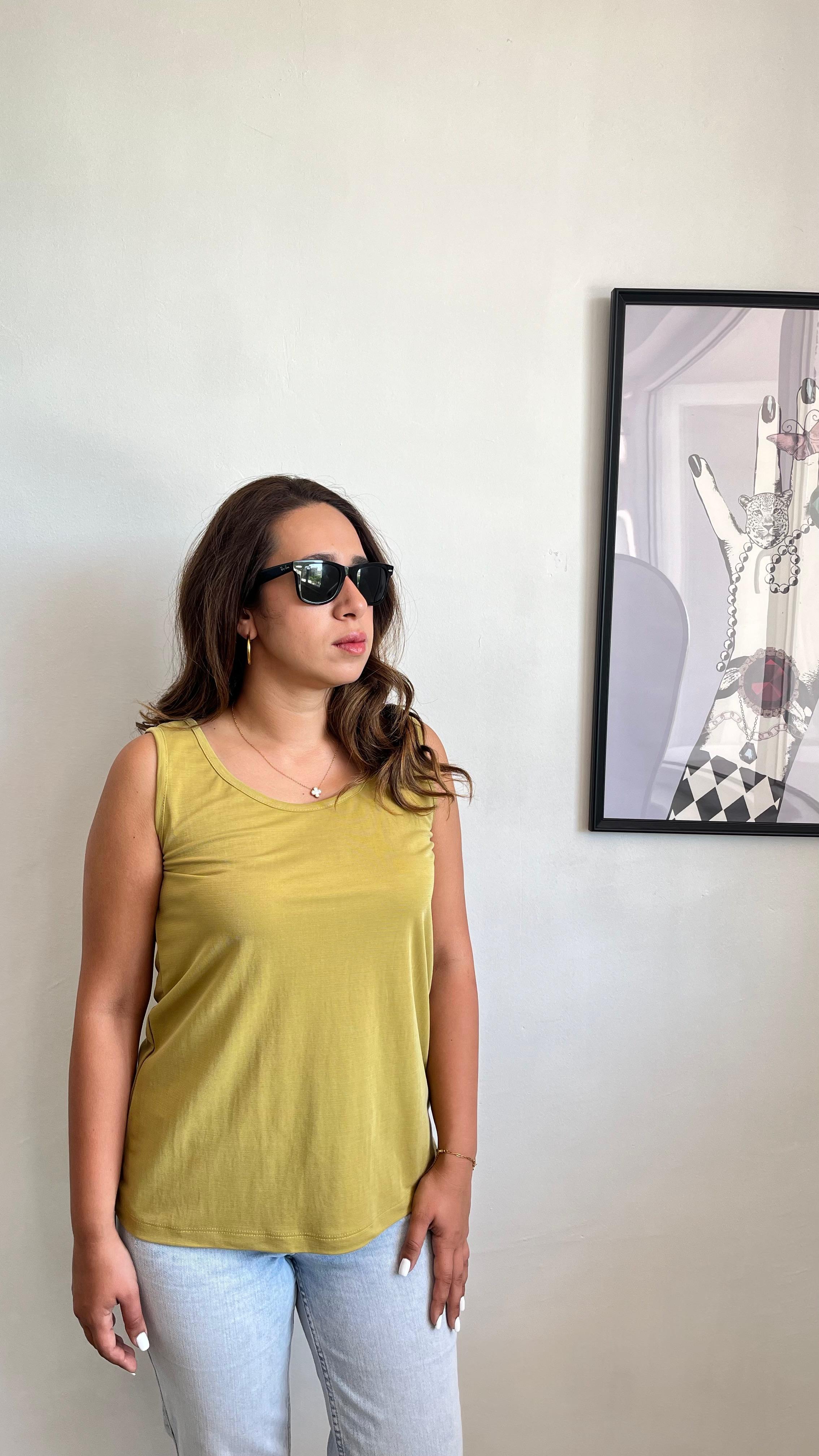 Yağ Yeşili Kalın Askılı Premium Doku Bluz