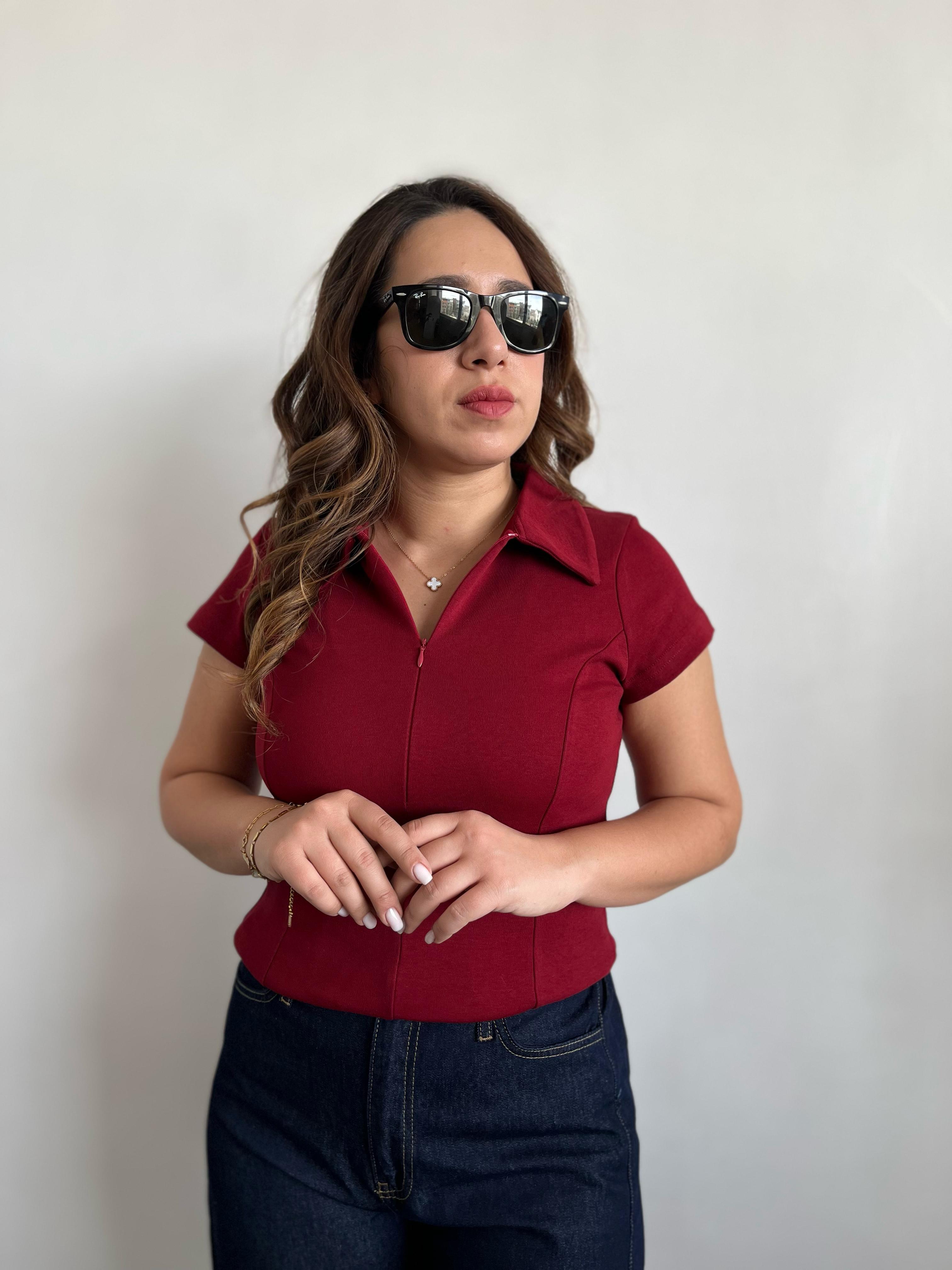 Yakalı Fermuarlı Bordo Bluz