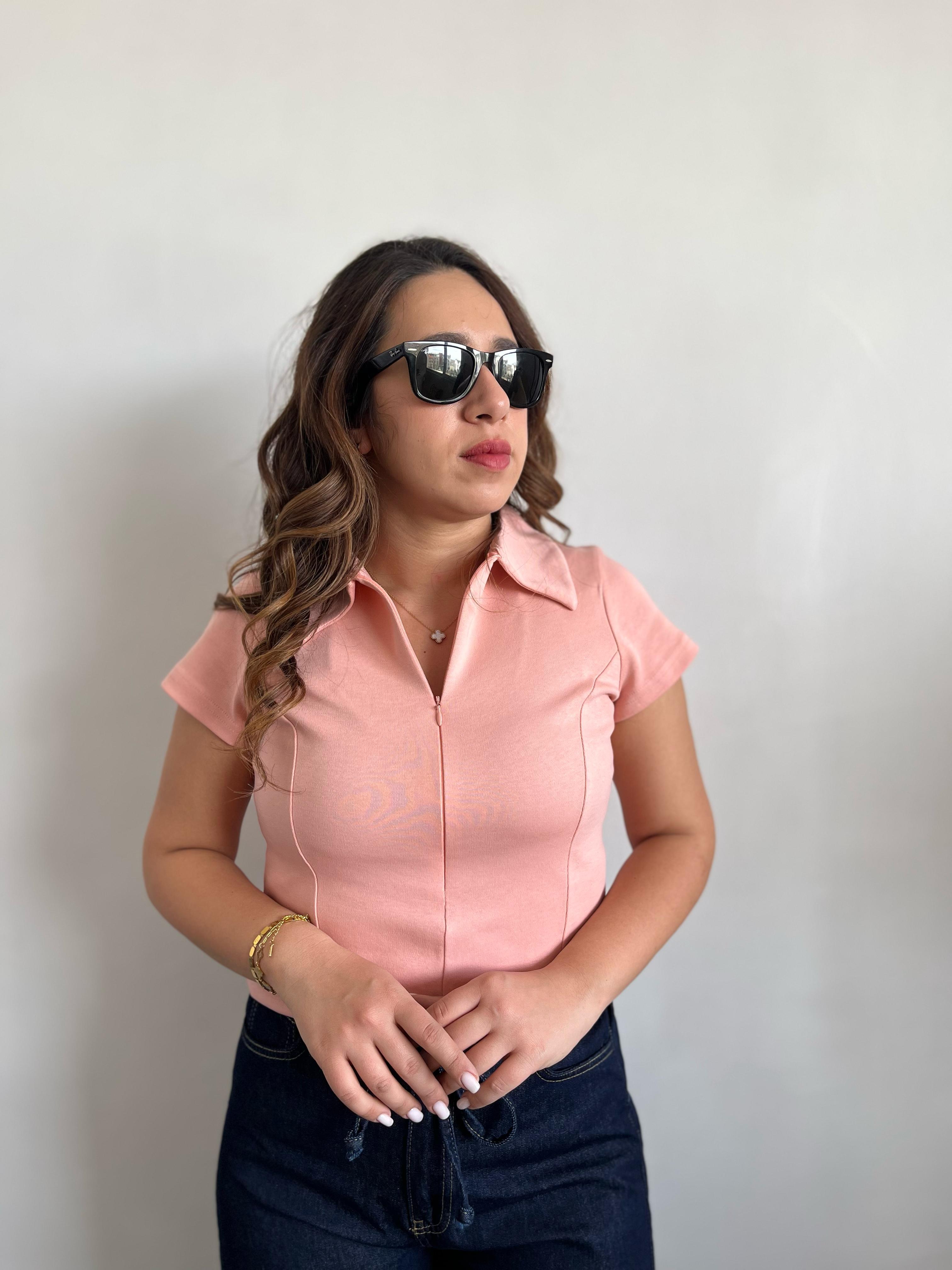 Yakalı Fermuarlı Pembe Bluz