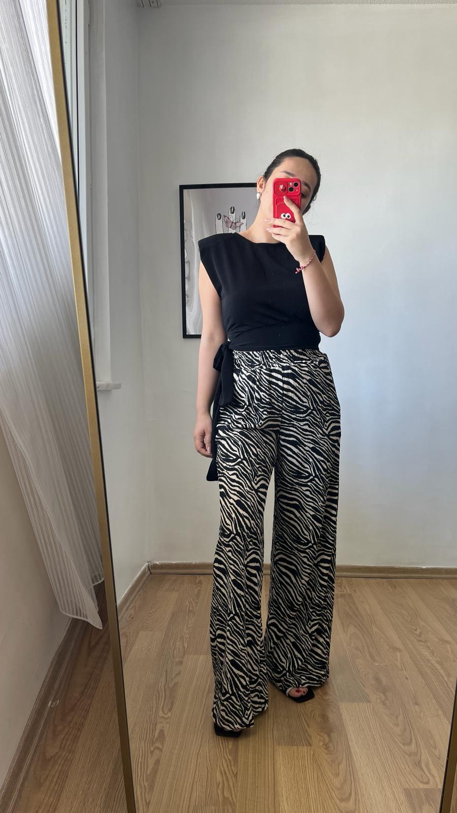 Zebra Desen Bej İnce Kadın Pantolon