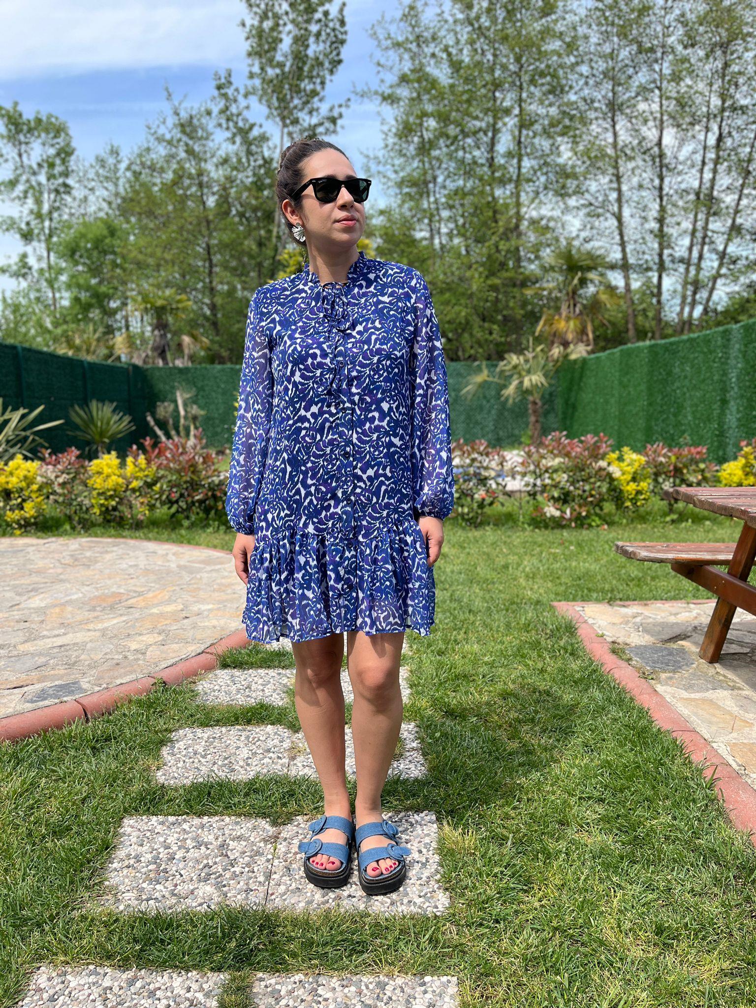 Zra Mavi Desenli Kadın Elbise