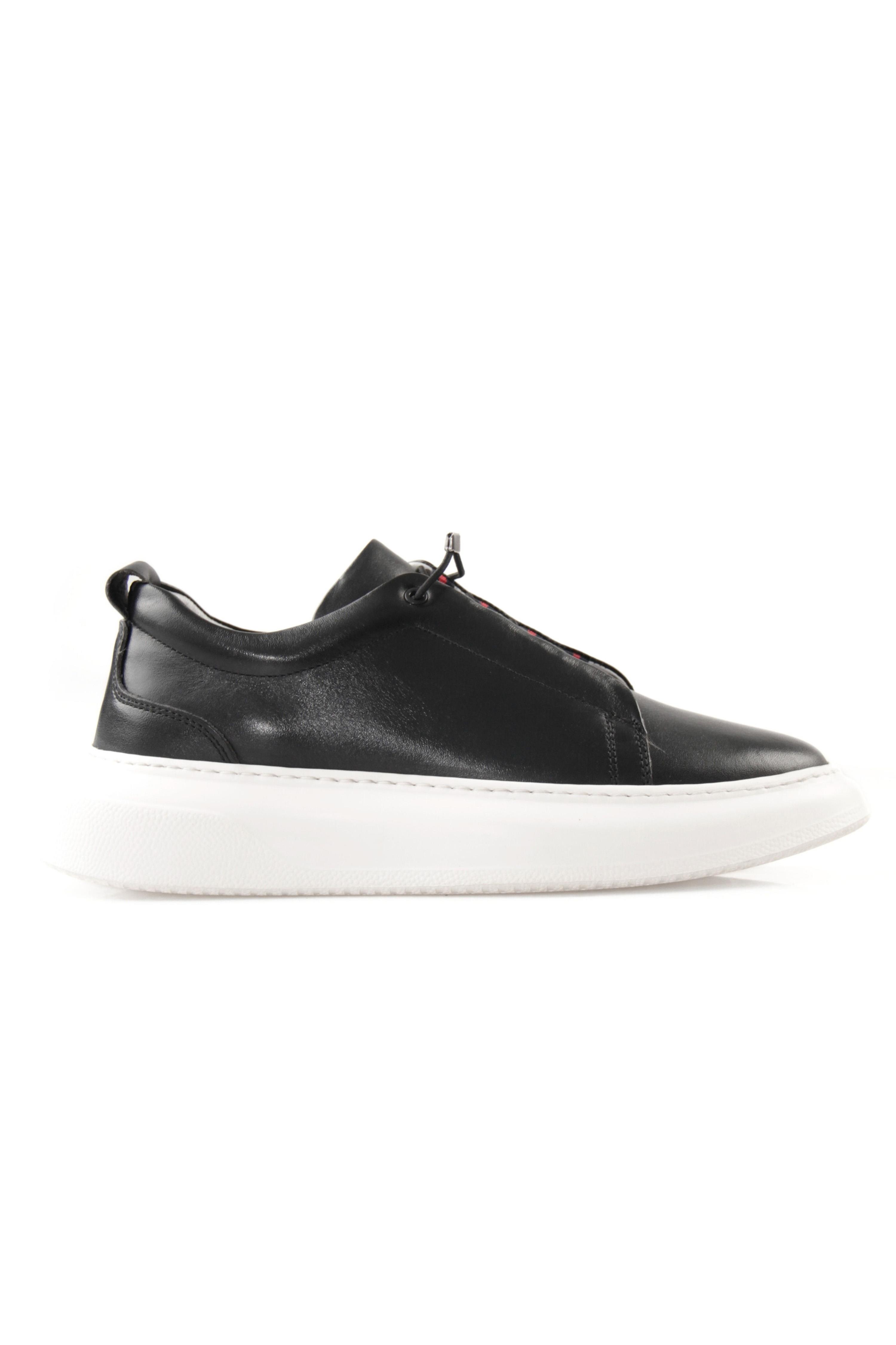 Tripy Hakiki Deri Erkek Lastikli Siyah Sneaker Ayakkabı