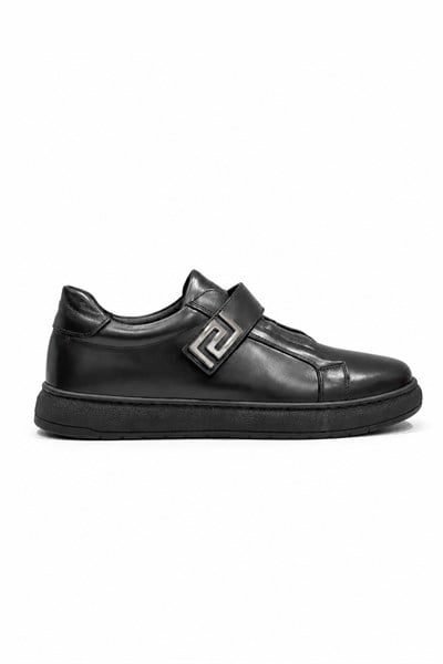 Tripy Hakiki Deri Erkek Lastikli Cırt Detaylı Siyah Sneaker Ayakkabı Jerry