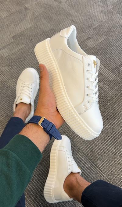 Tripy Hakiki Deri Kalın Taban Erkek Beyaz Bağcıklı Sneaker Ayakkabı Paul
