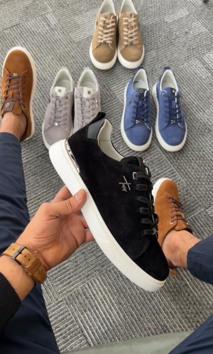 Tripy Hakiki Deri Erkek Siyah Süet Bağcıklı Sneaker Ayakkabı