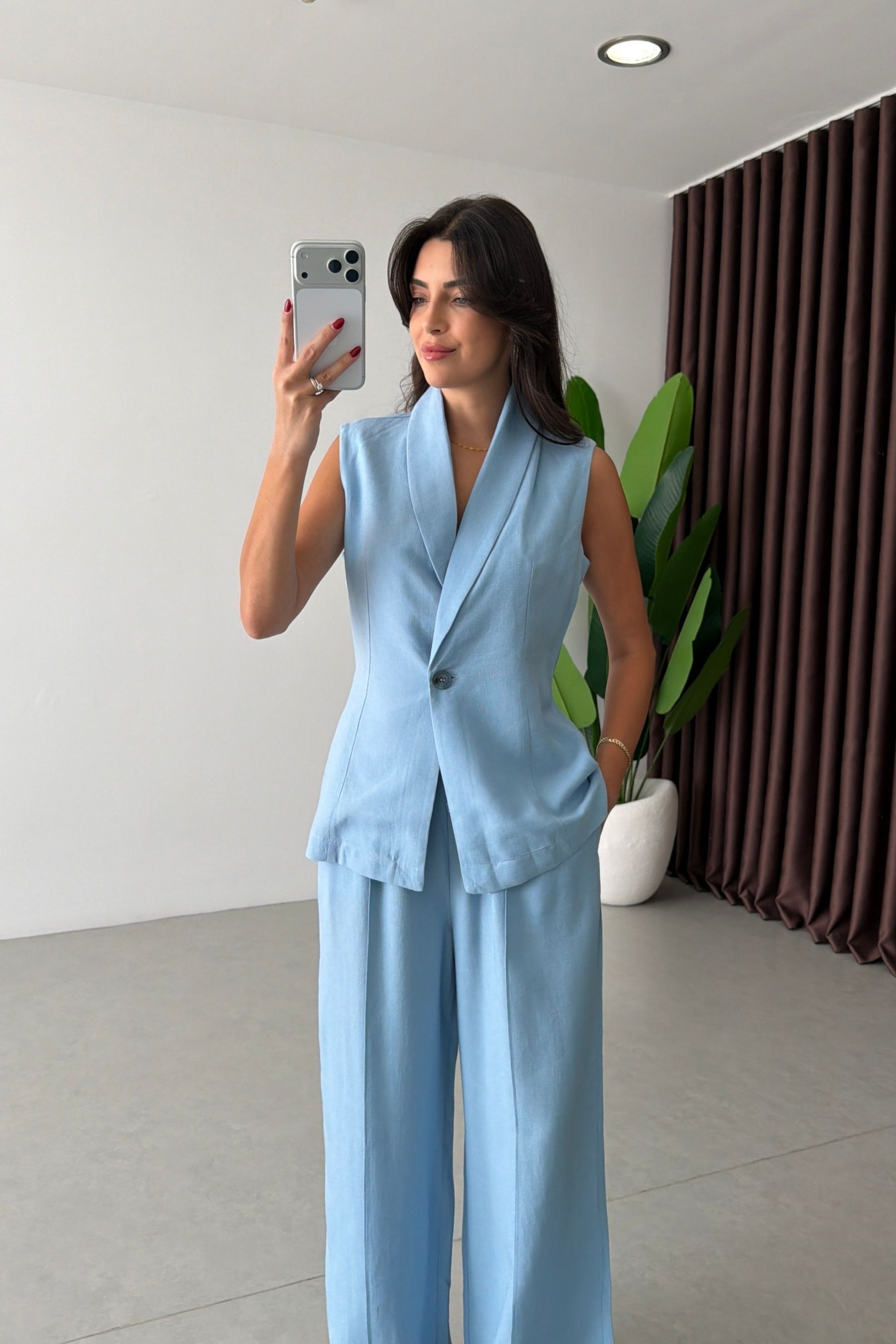 Adore Mavi Keten Yelek Pantolon Takım