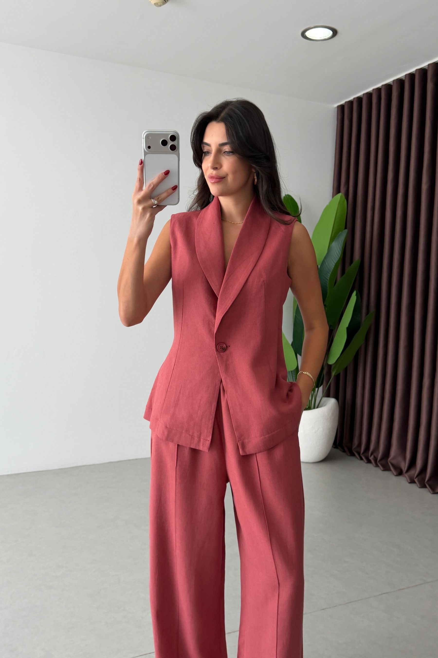 Adore Somon Keten Yelek Pantolon Takım