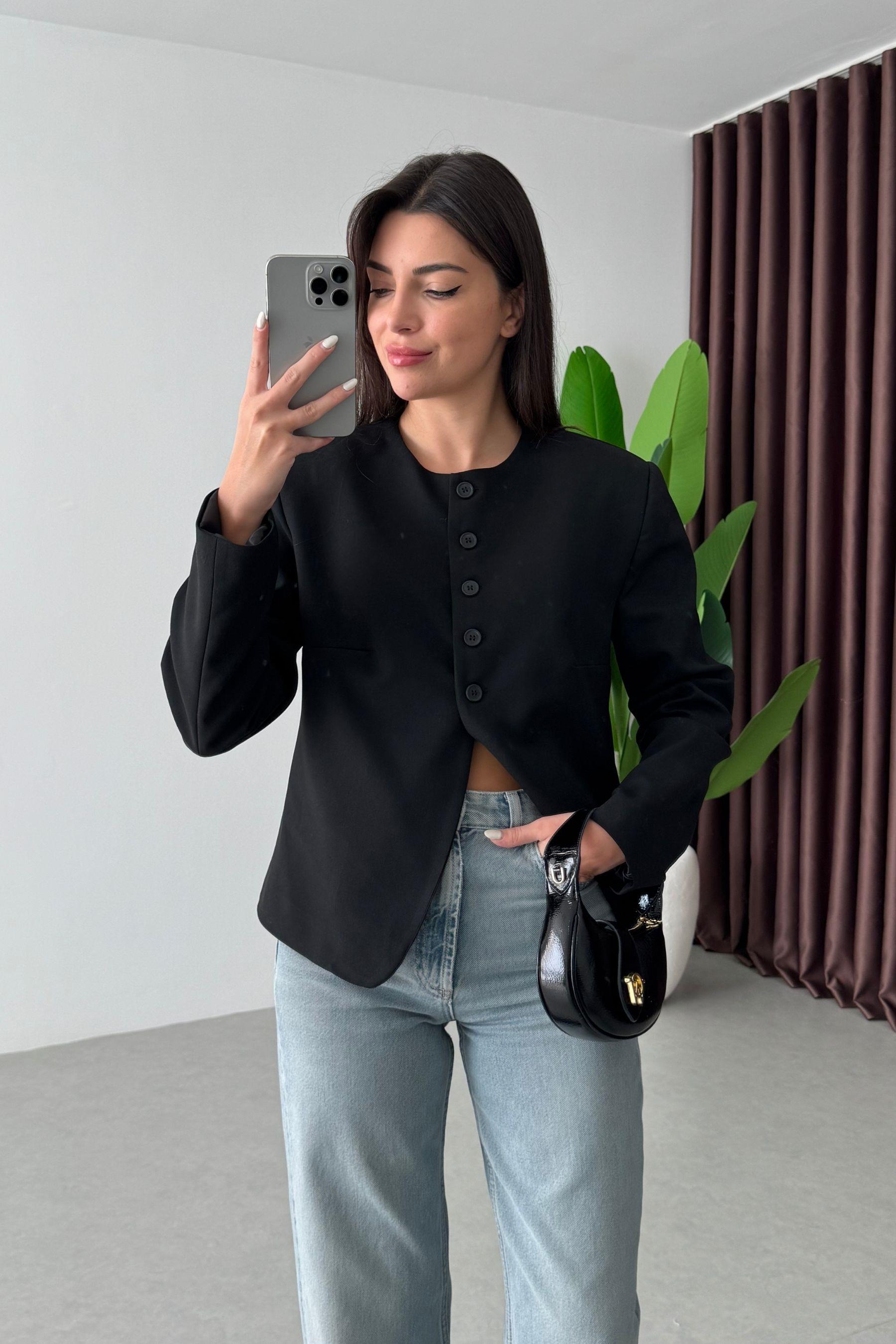 Alden Siyah Düğme Detay Vatkalı Blazer