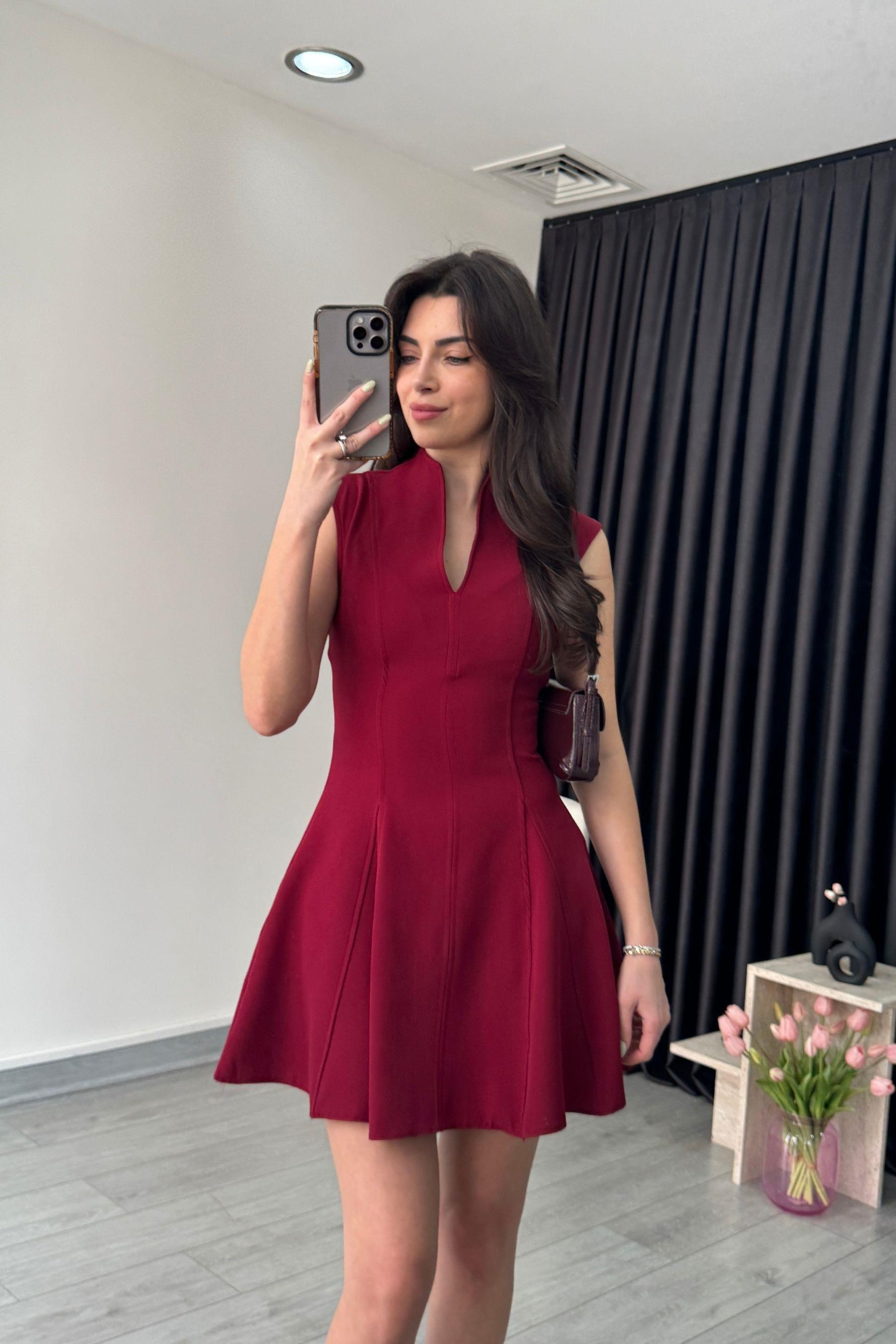 Alice Kırmızı V Yaka Volanlı Elbise