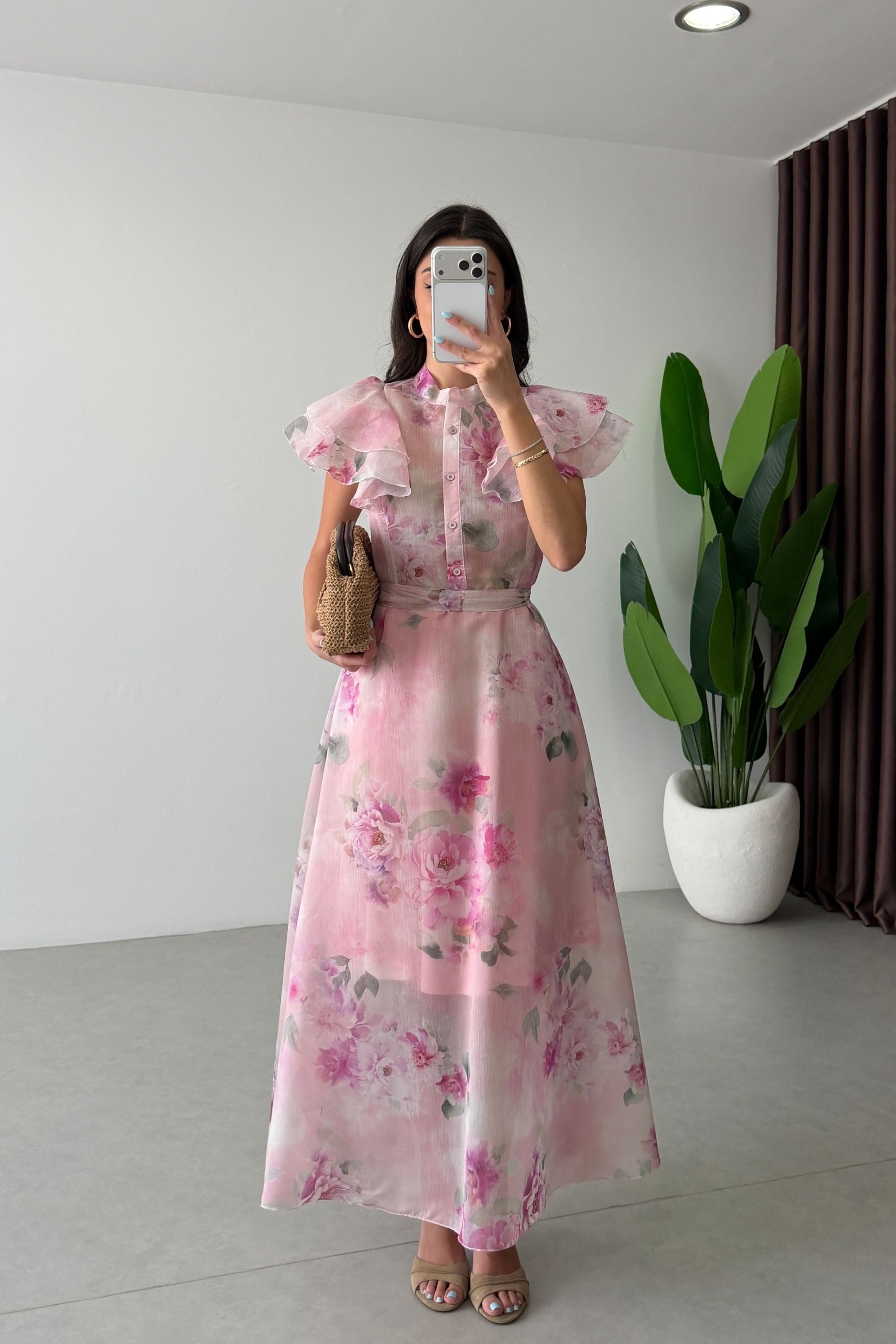Angel Pembe Fırfırlı Kuşaklı Elbise