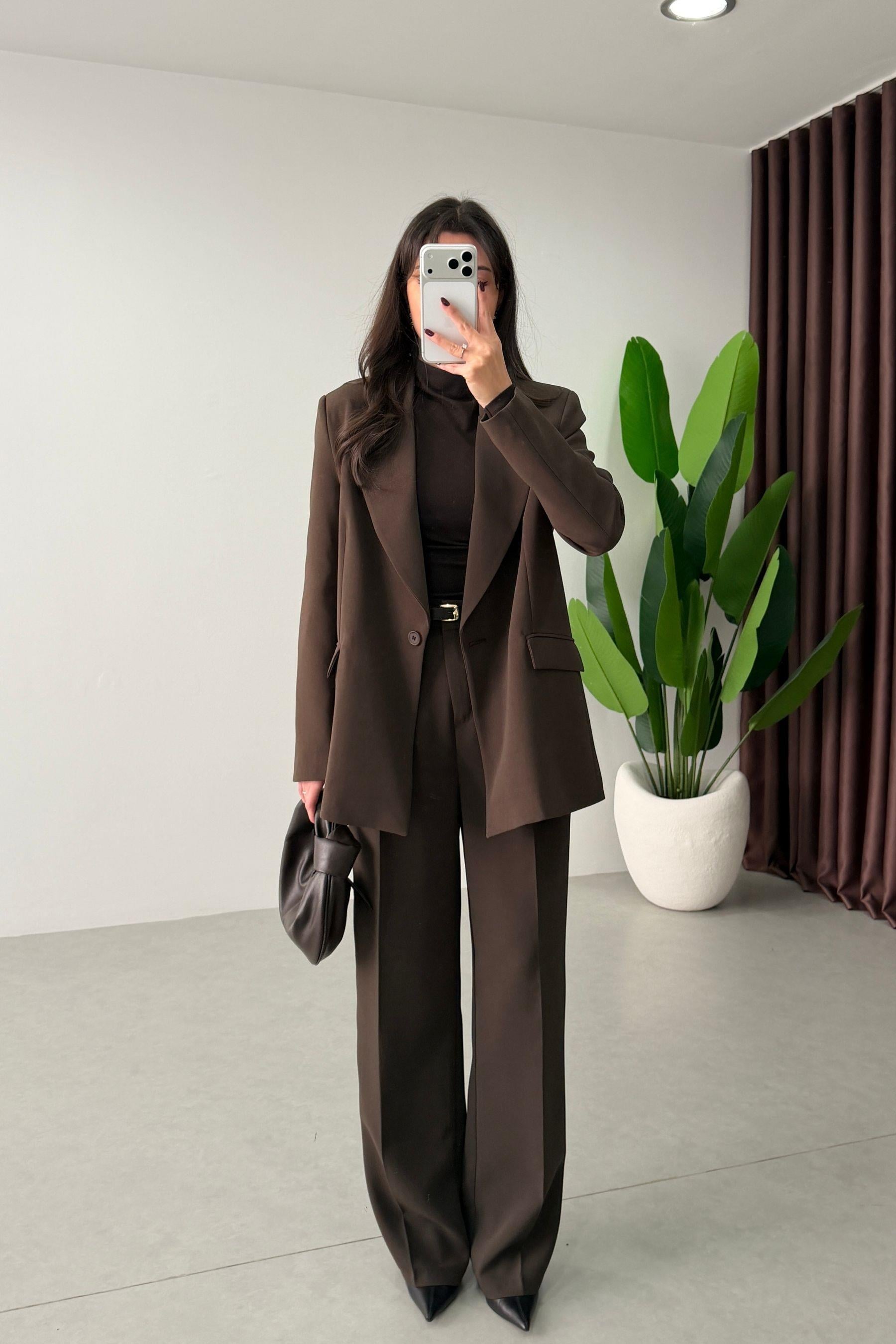 Apeva Kahve Oversize Krep Kumaş Blazer
