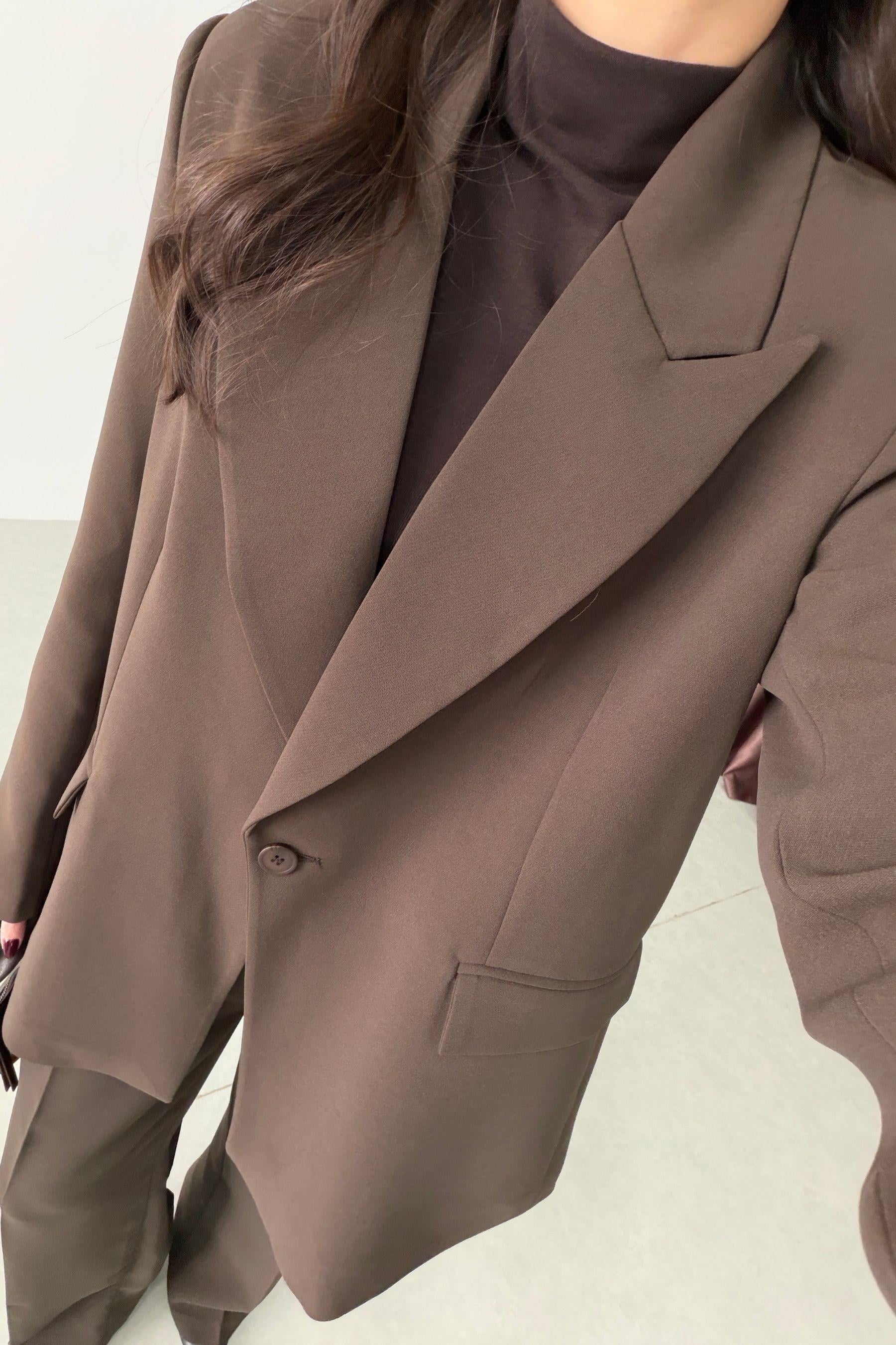 Apeva Kahve Oversize Krep Kumaş Blazer