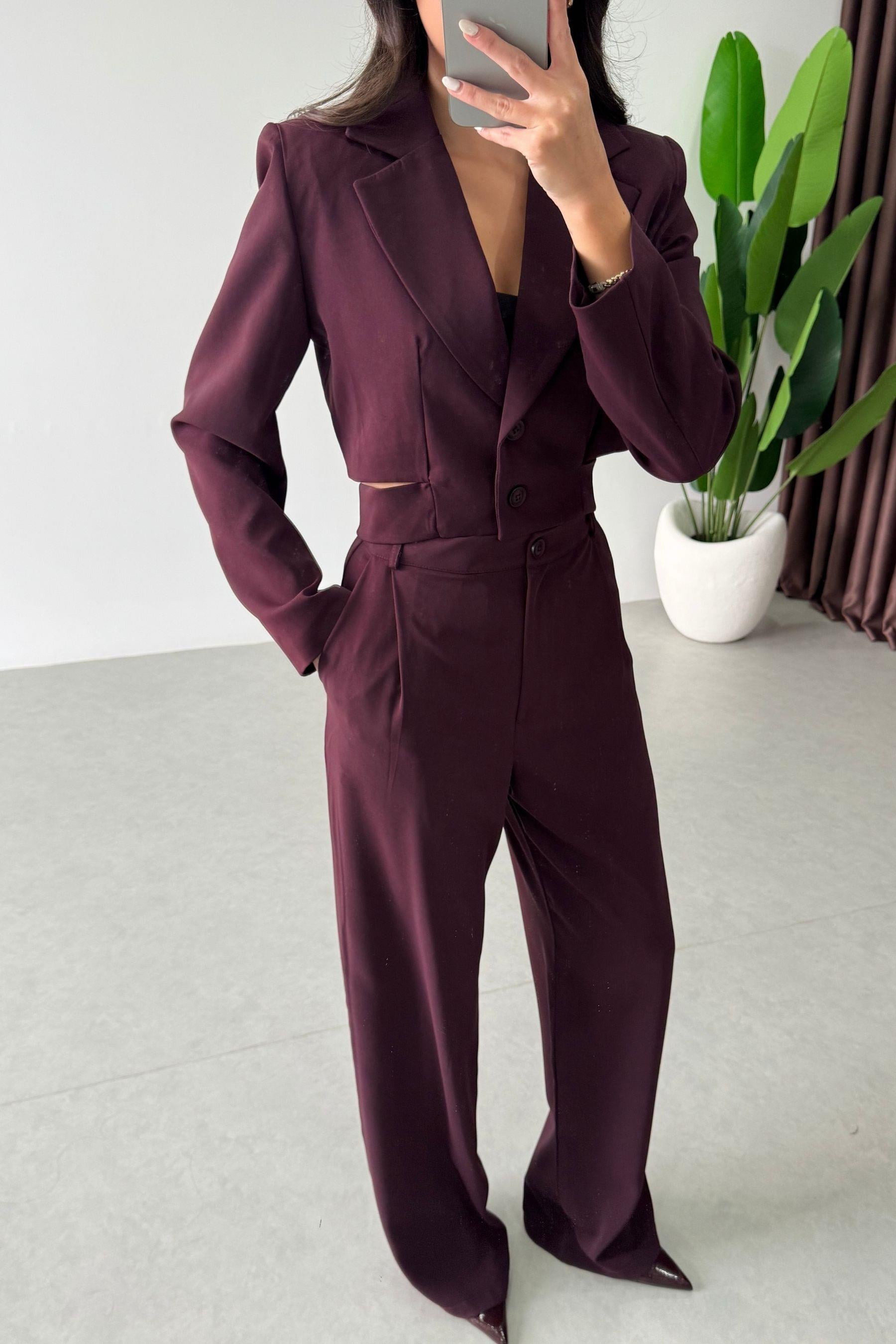 Ares Mürdüm Tasarım Crop Ceket Pantolon Takım