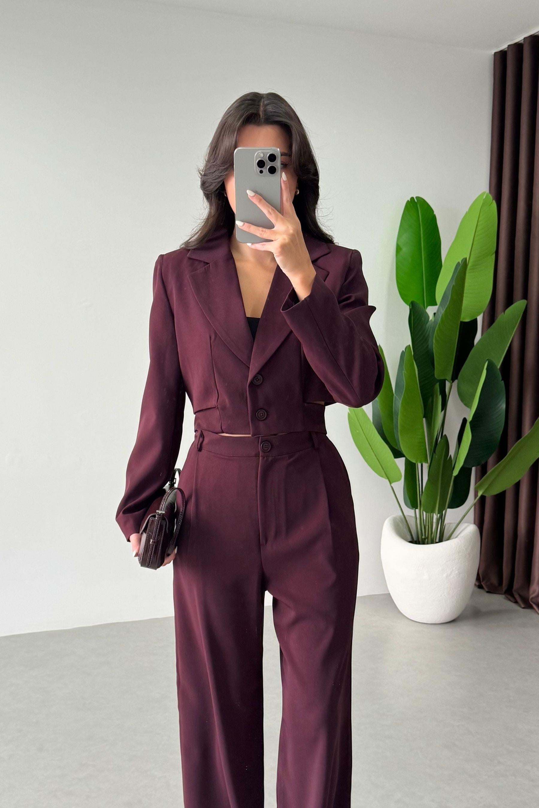 Ares Mürdüm Tasarım Crop Ceket Pantolon Takım