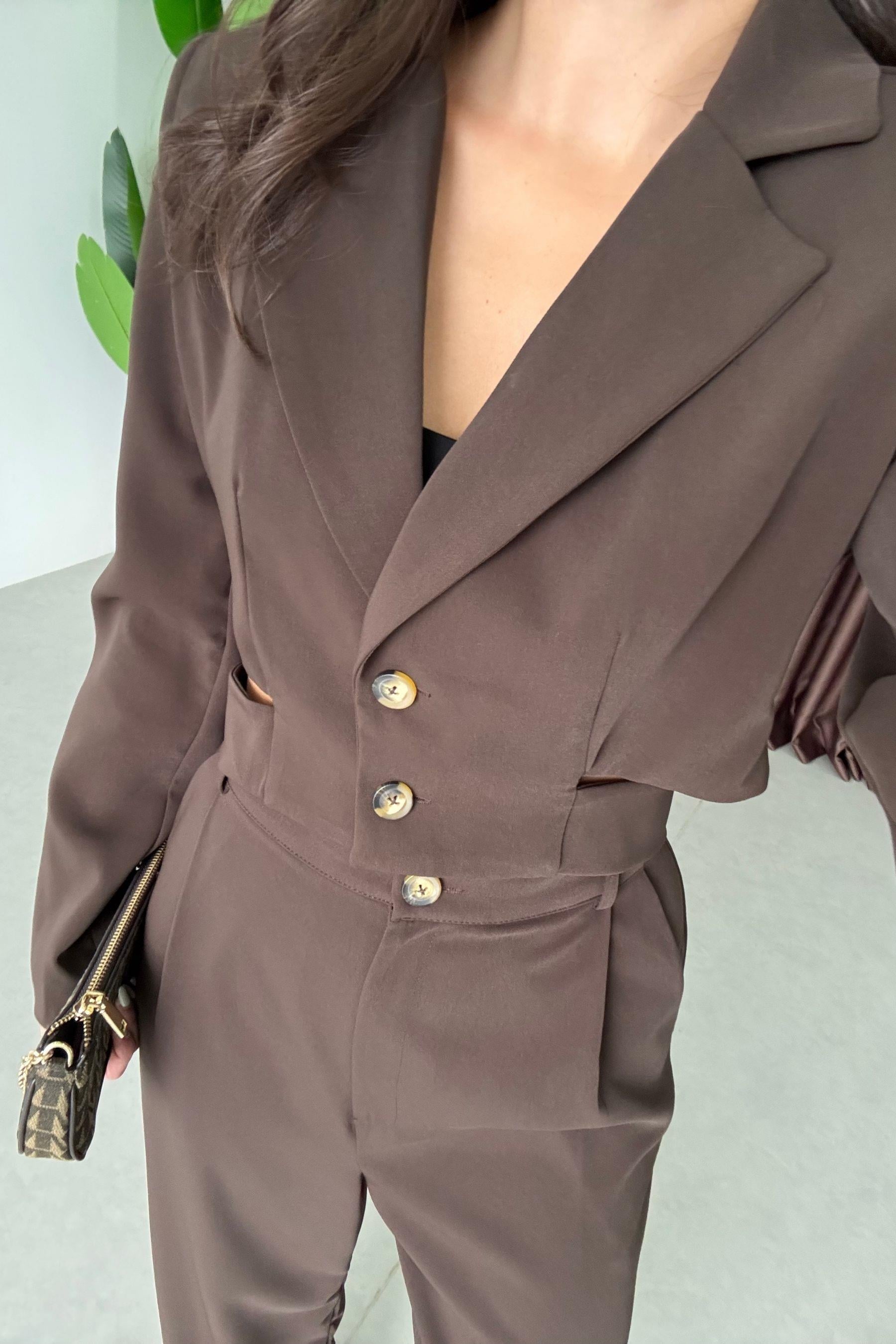 Ares Kahve Tasarım Crop Ceket Pantolon Takım