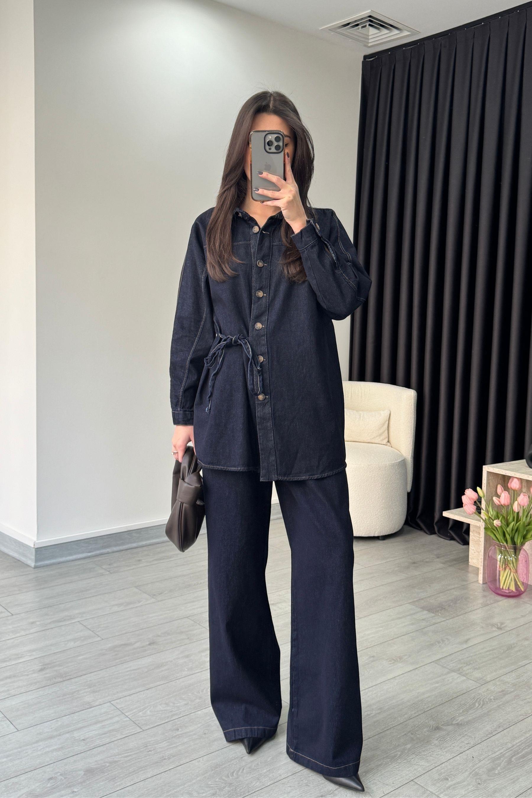 Bağlama Detay Gömlek Pantolon Denim Takım