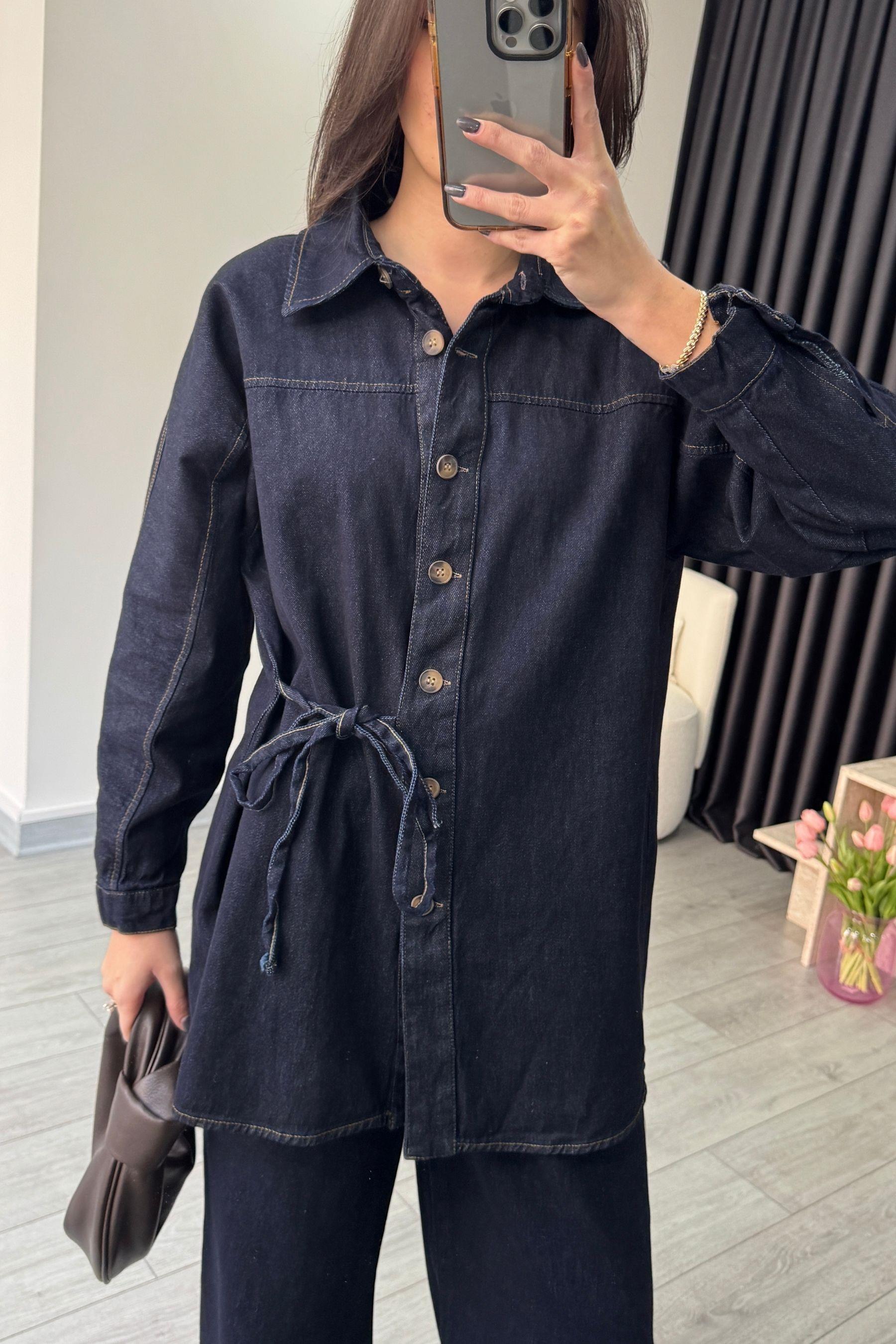 Bağlama Detay Gömlek Pantolon Denim Takım