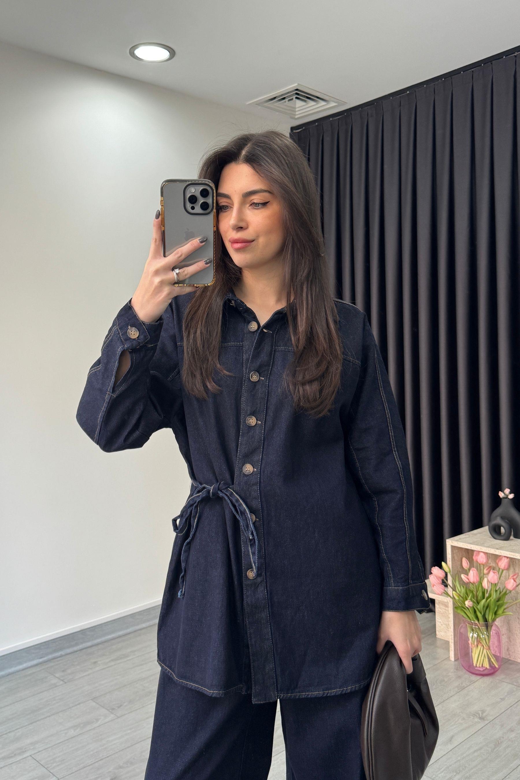 Bağlama Detay Gömlek Pantolon Denim Takım