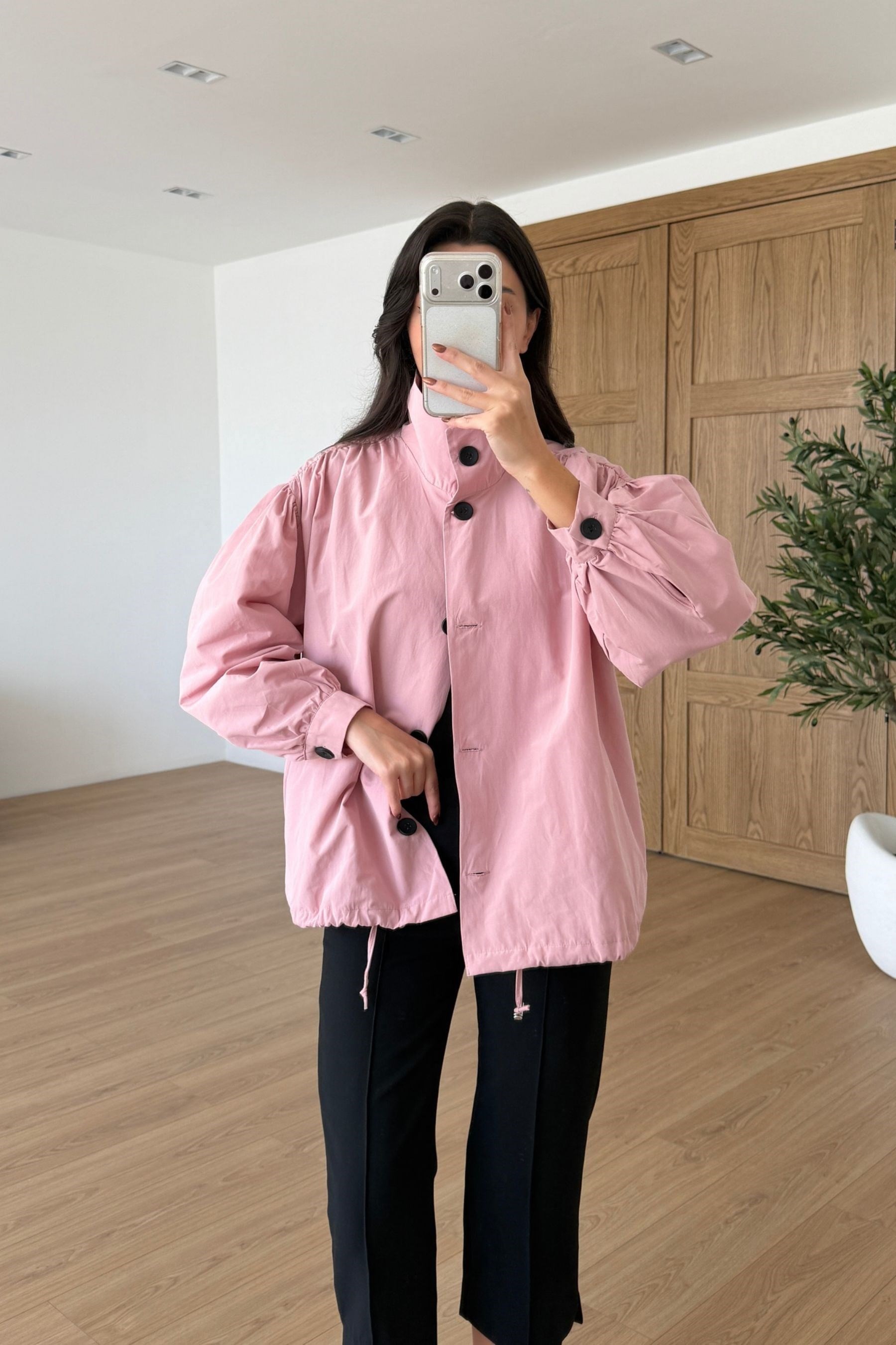 Besy Pembe Büzgülü Dik Yaka Bomber Ceket