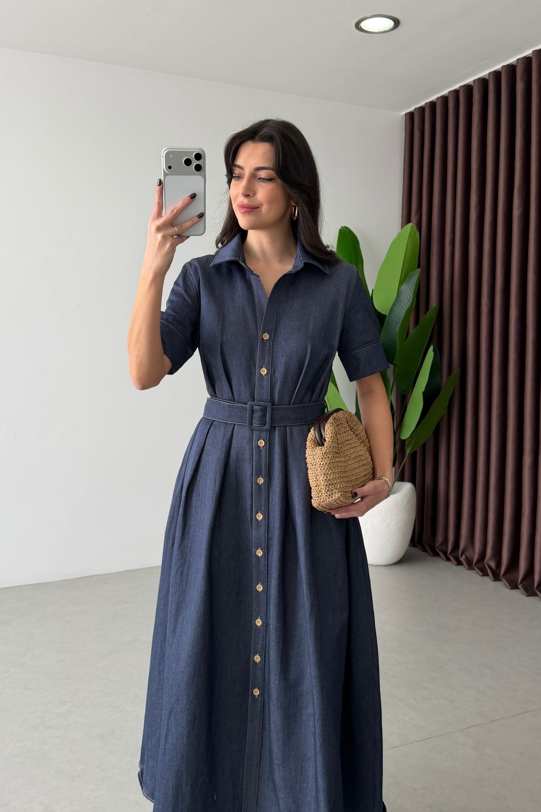 Bien Denim Kemerli Midi Elbise