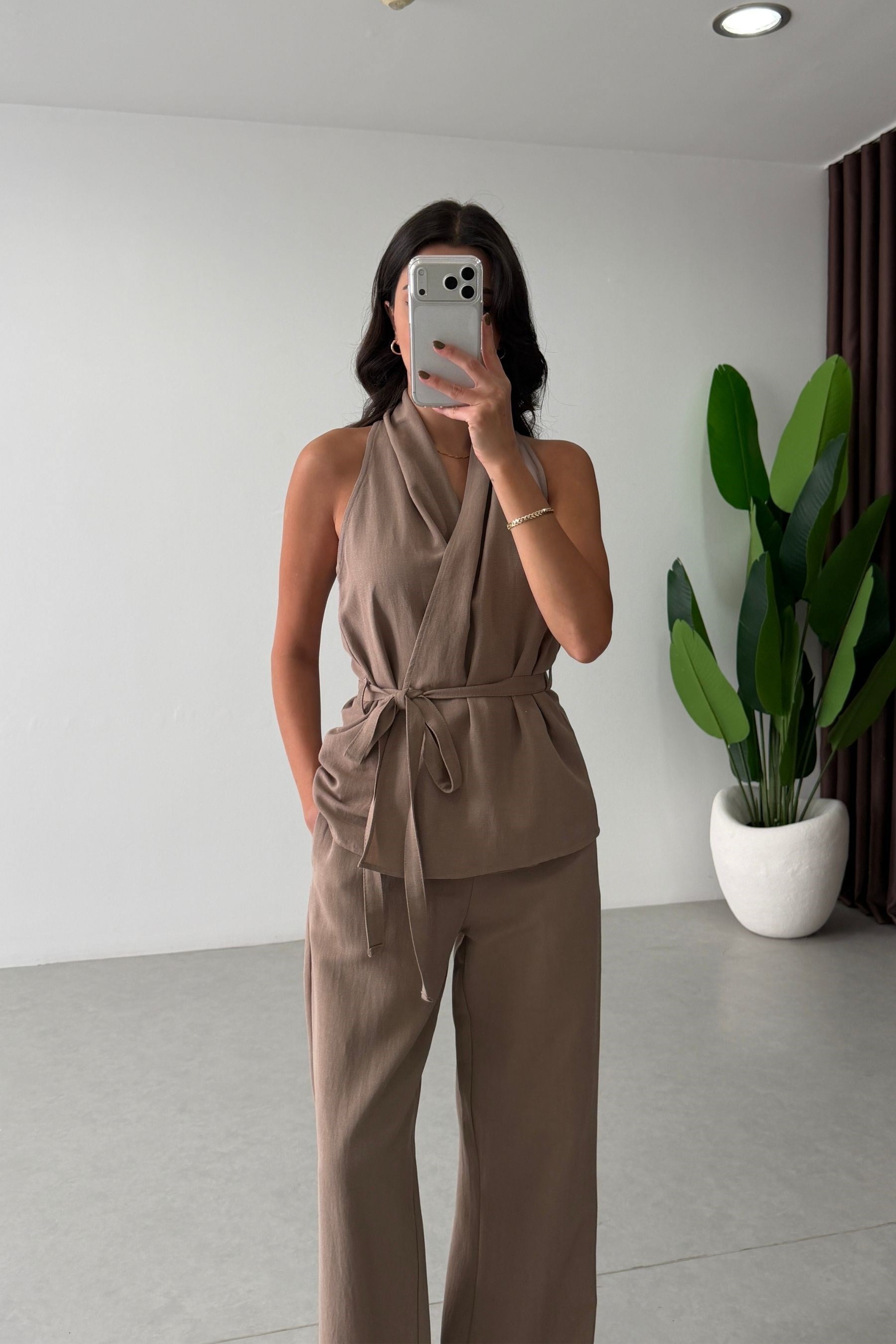Boho Vizon Kuşaklı Kruvaze Keten Takım