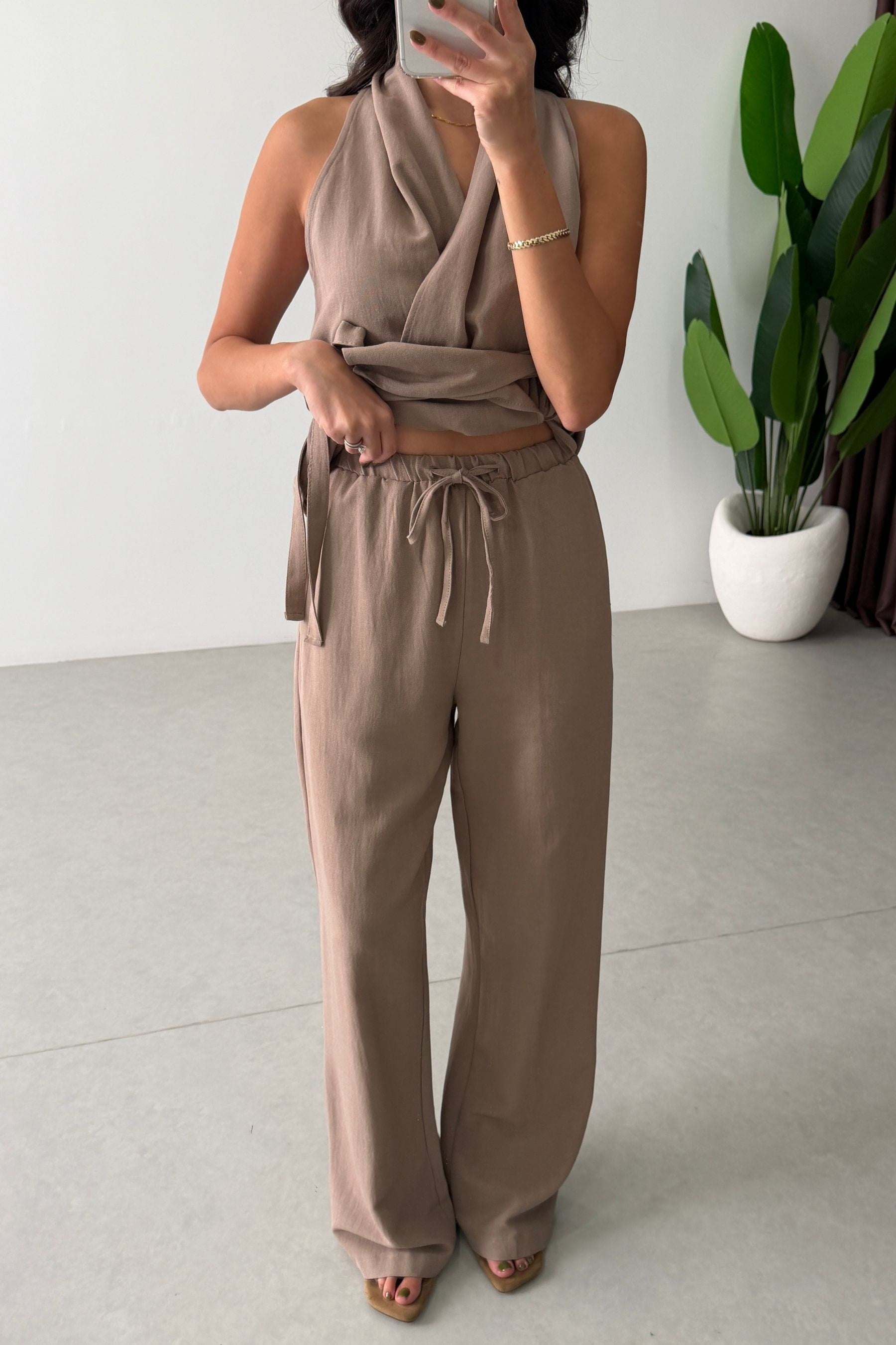 Boho Vizon Kuşaklı Kruvaze Keten Takım