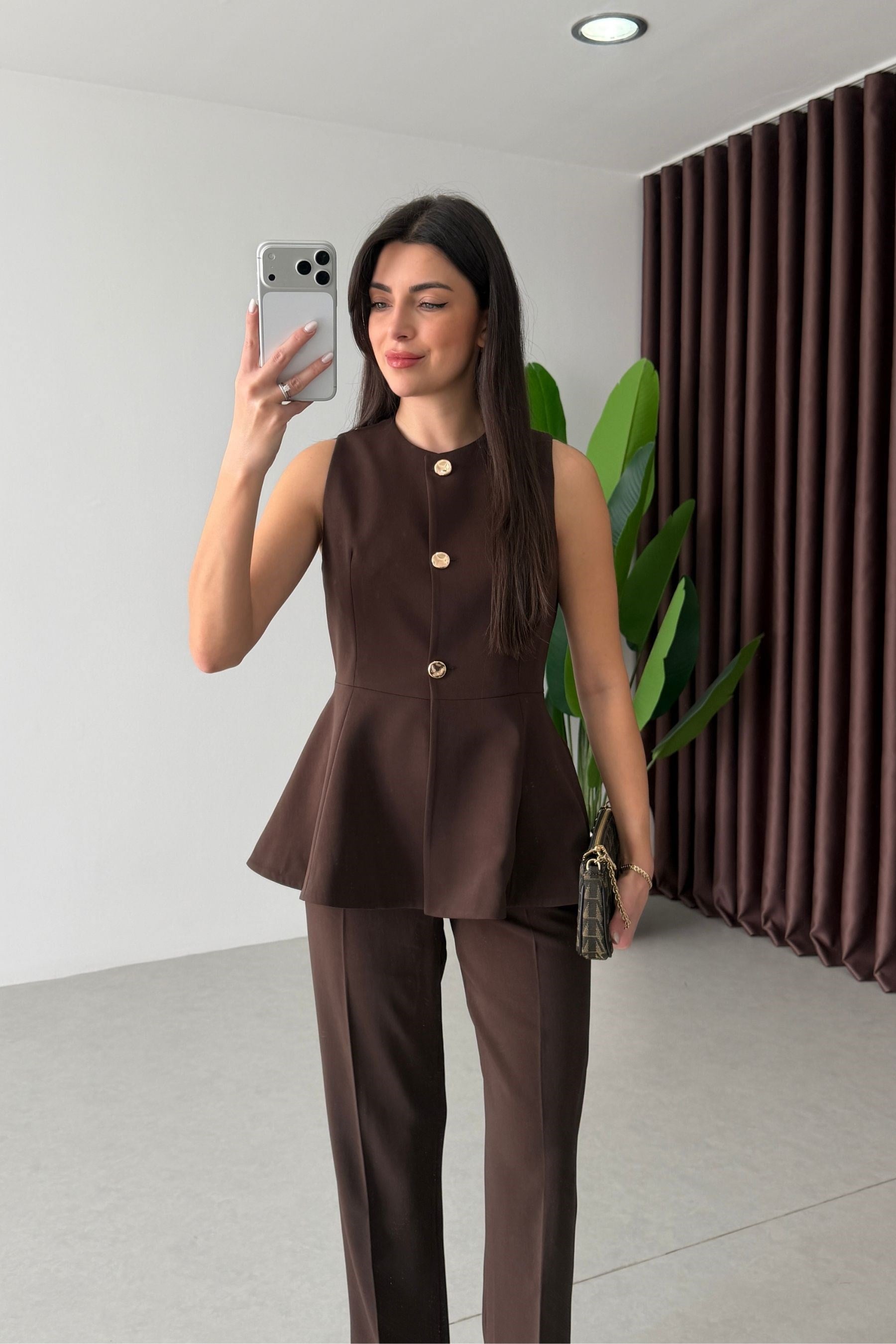 Bold Kahve Volanlı Yelek Pantolon Takım