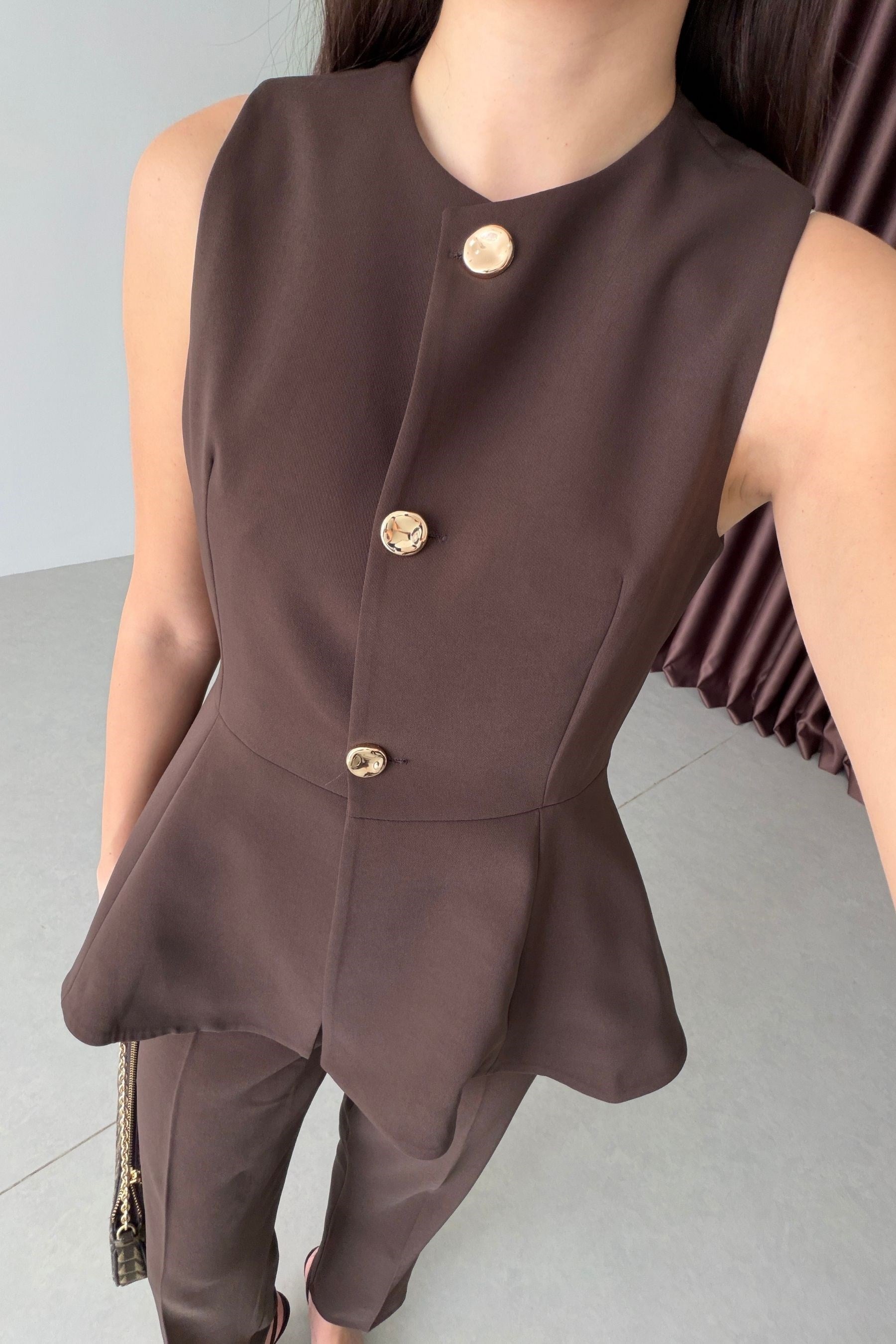 Bold Kahve Volanlı Yelek Pantolon Takım