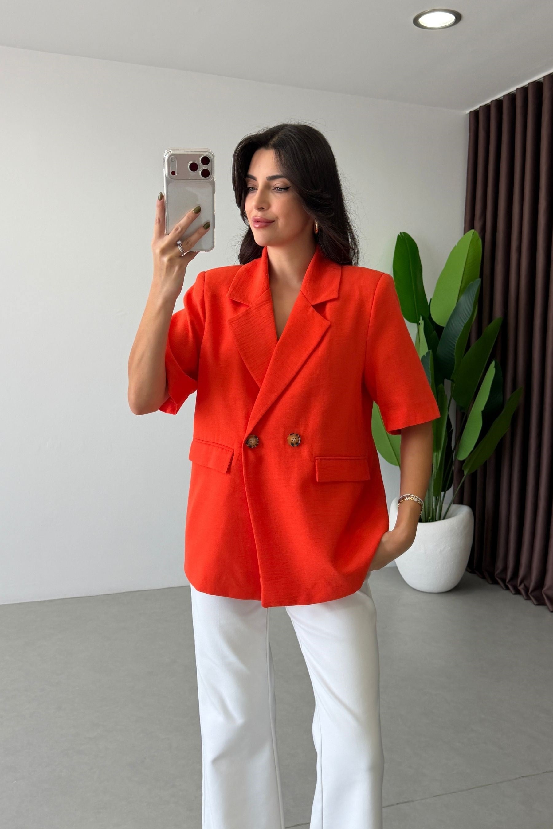 Bome Turuncu Omuz Vatkalı Kruvaze Ceket
