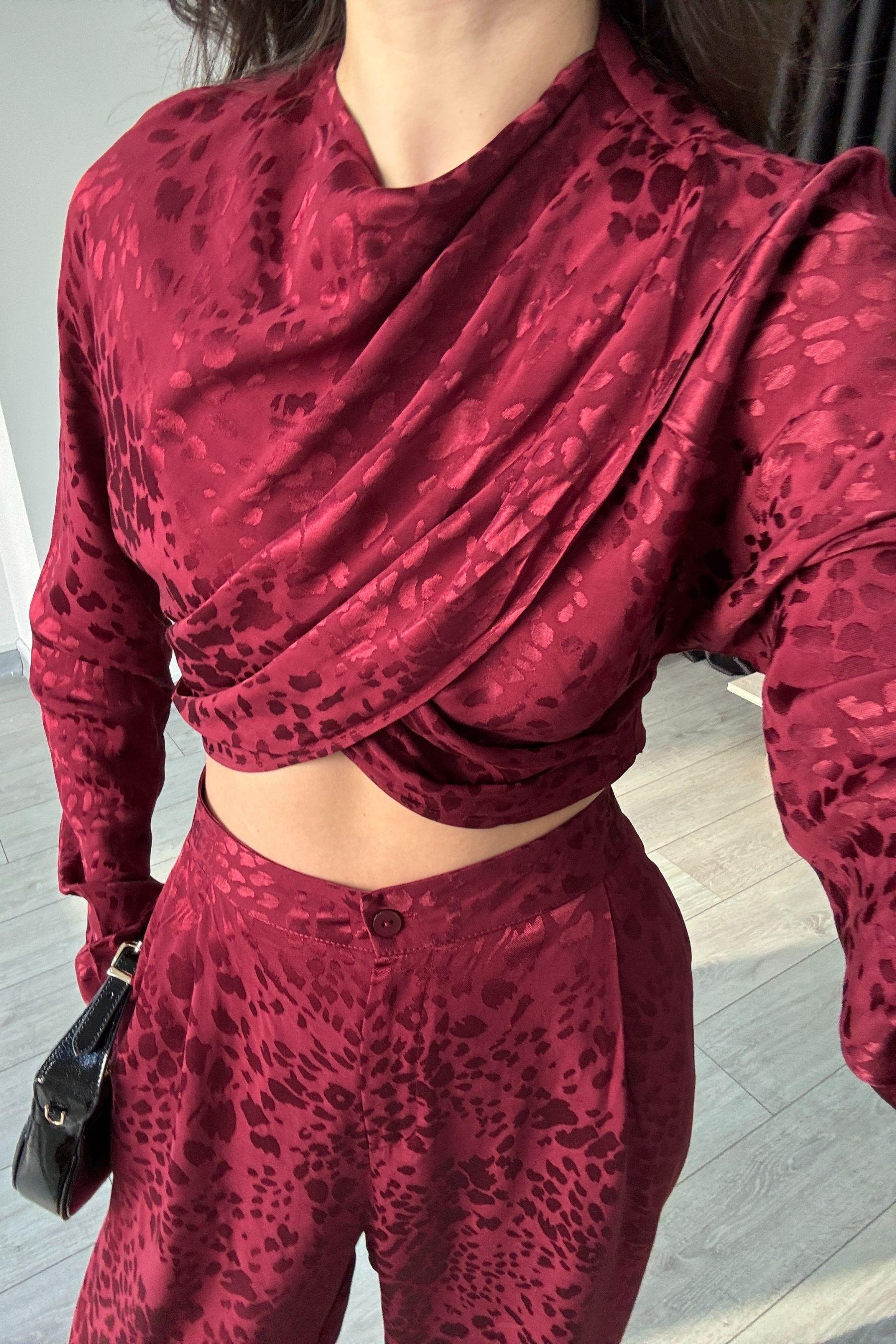 Bordo Desenli Saten Dokulu Takım