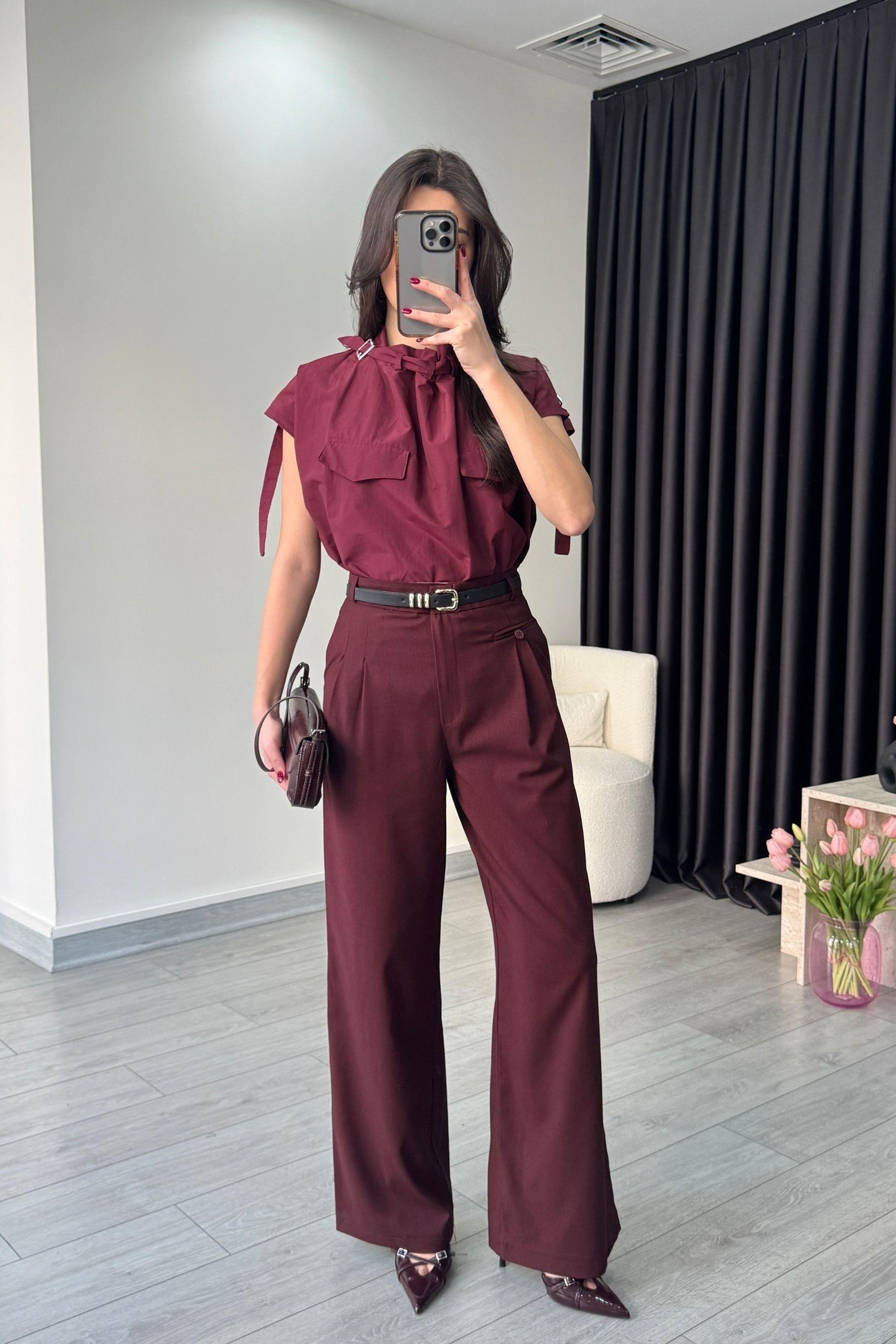 Bordo Pilise Detay Kumaş Pantolon