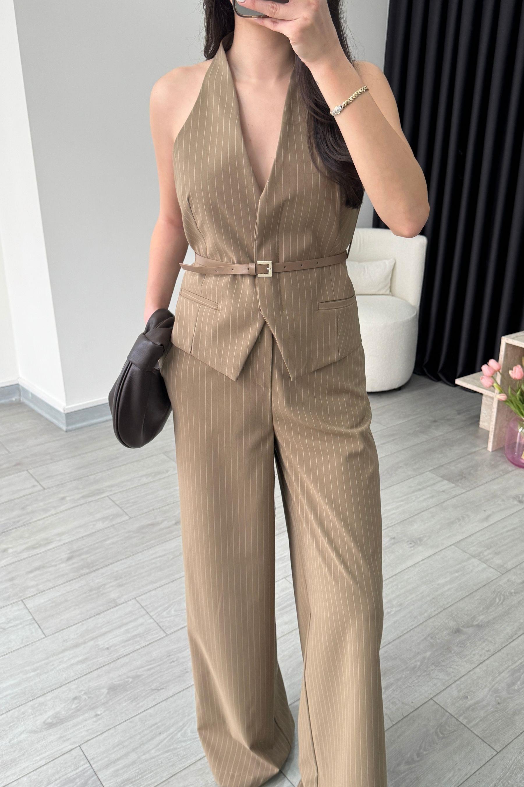 Camel Kemerli Yelek Pantolon Takım