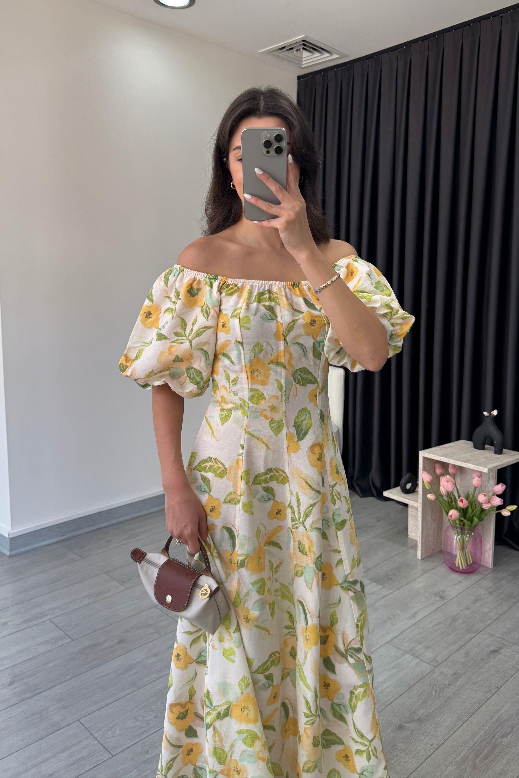 Casy Balon Kol Çiçek Desen Elbise