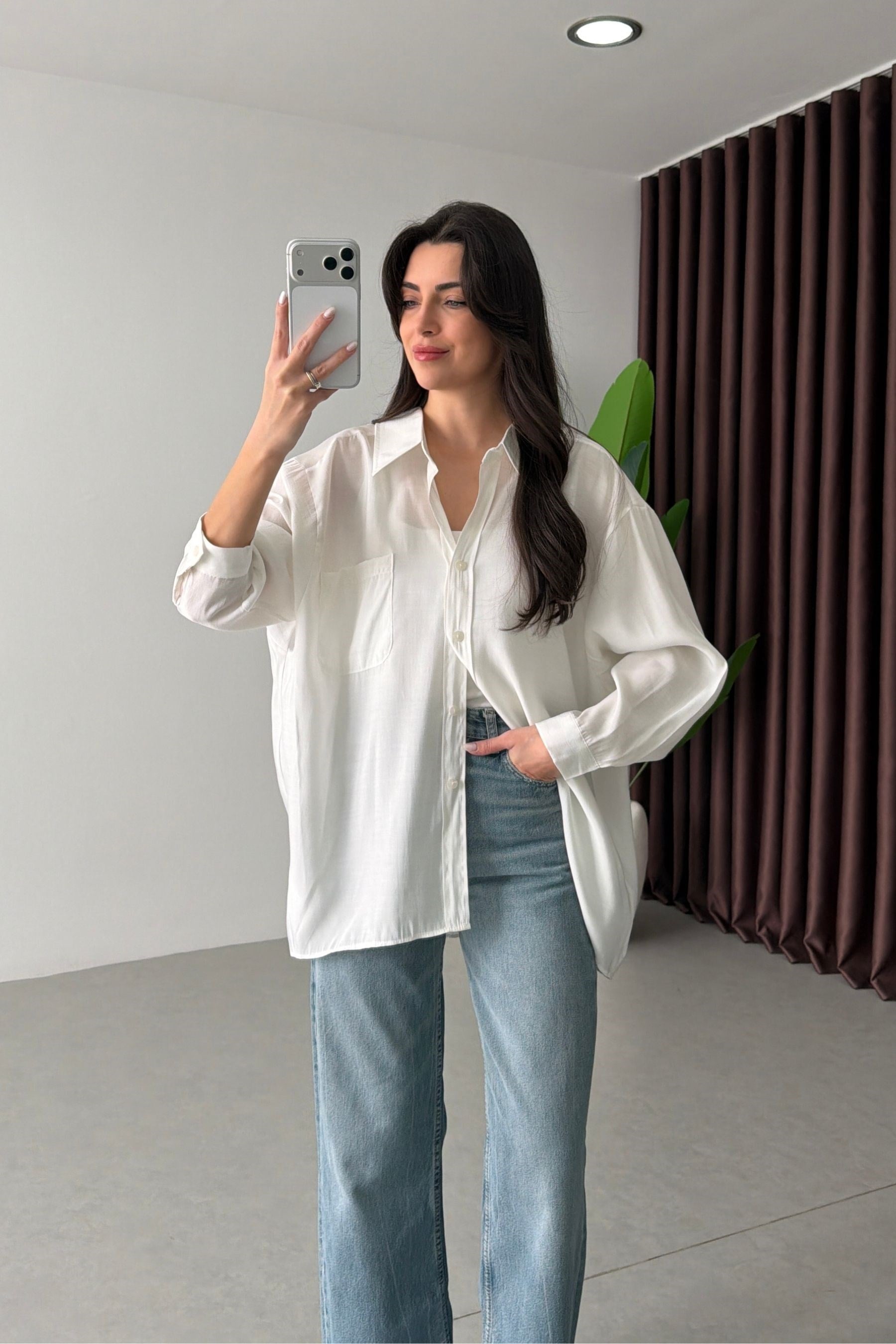 Core Ekru Oversize Modal Gömlek 