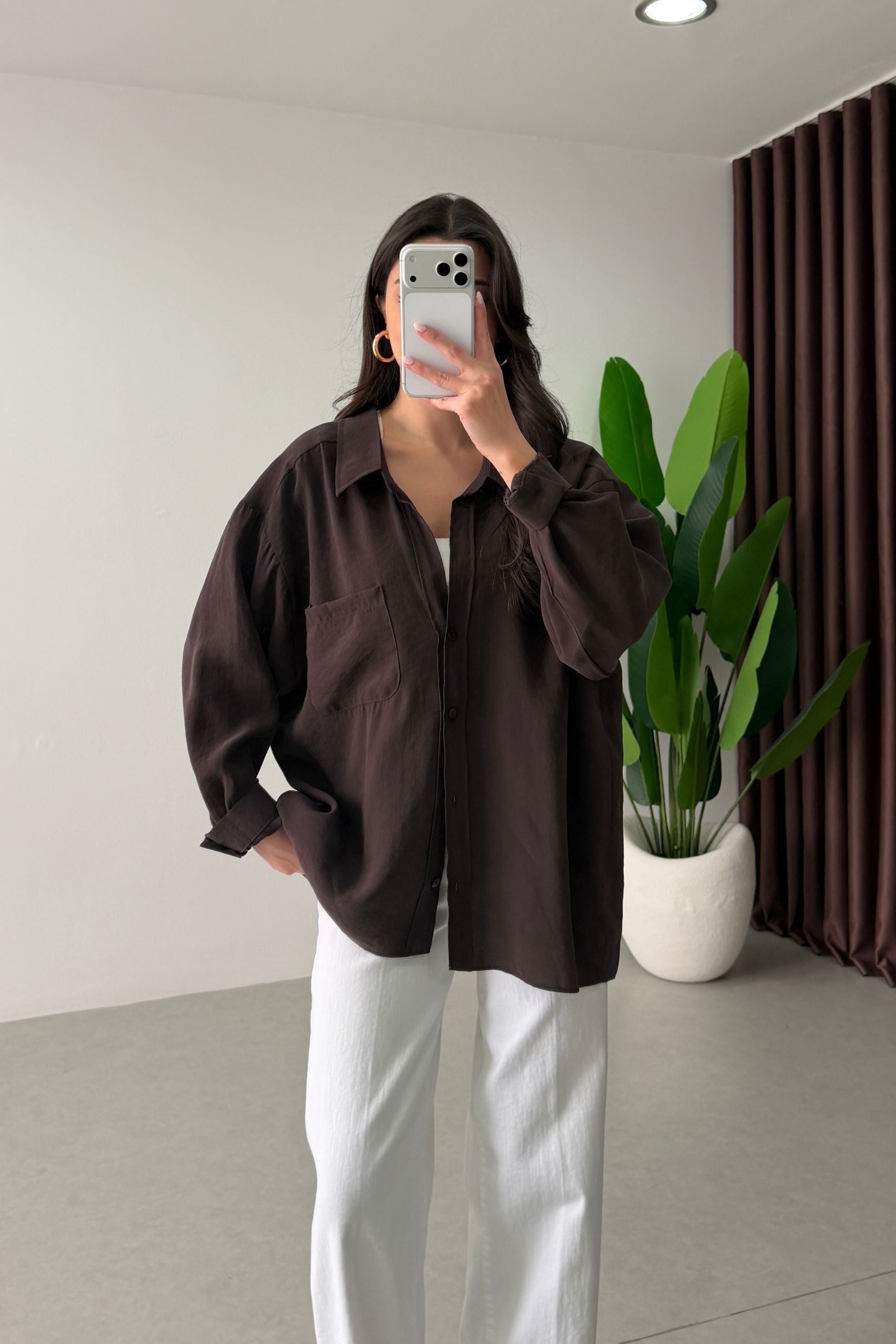 Core Kahve Oversize Modal Gömlek 