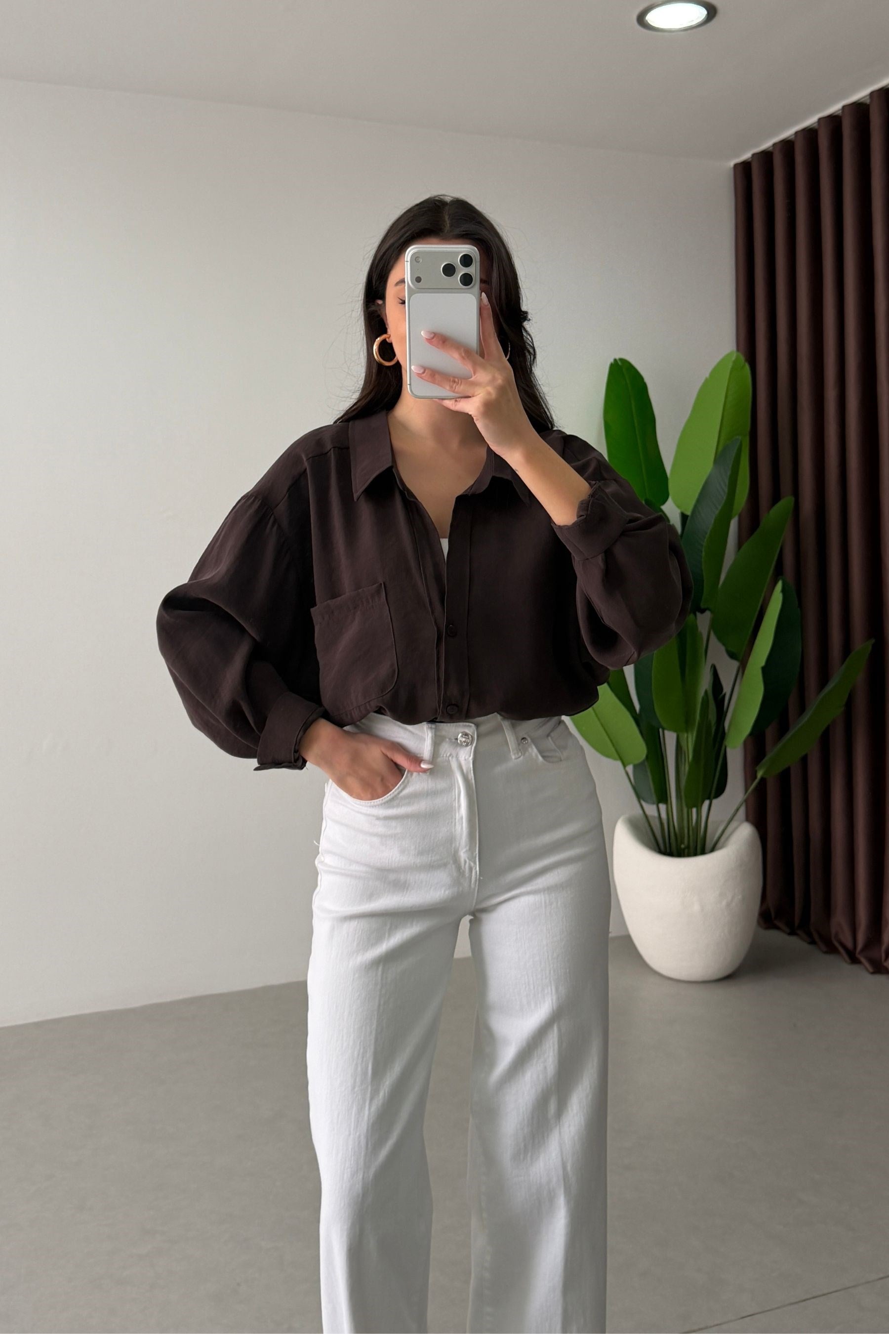 Core Kahve Oversize Modal Gömlek 