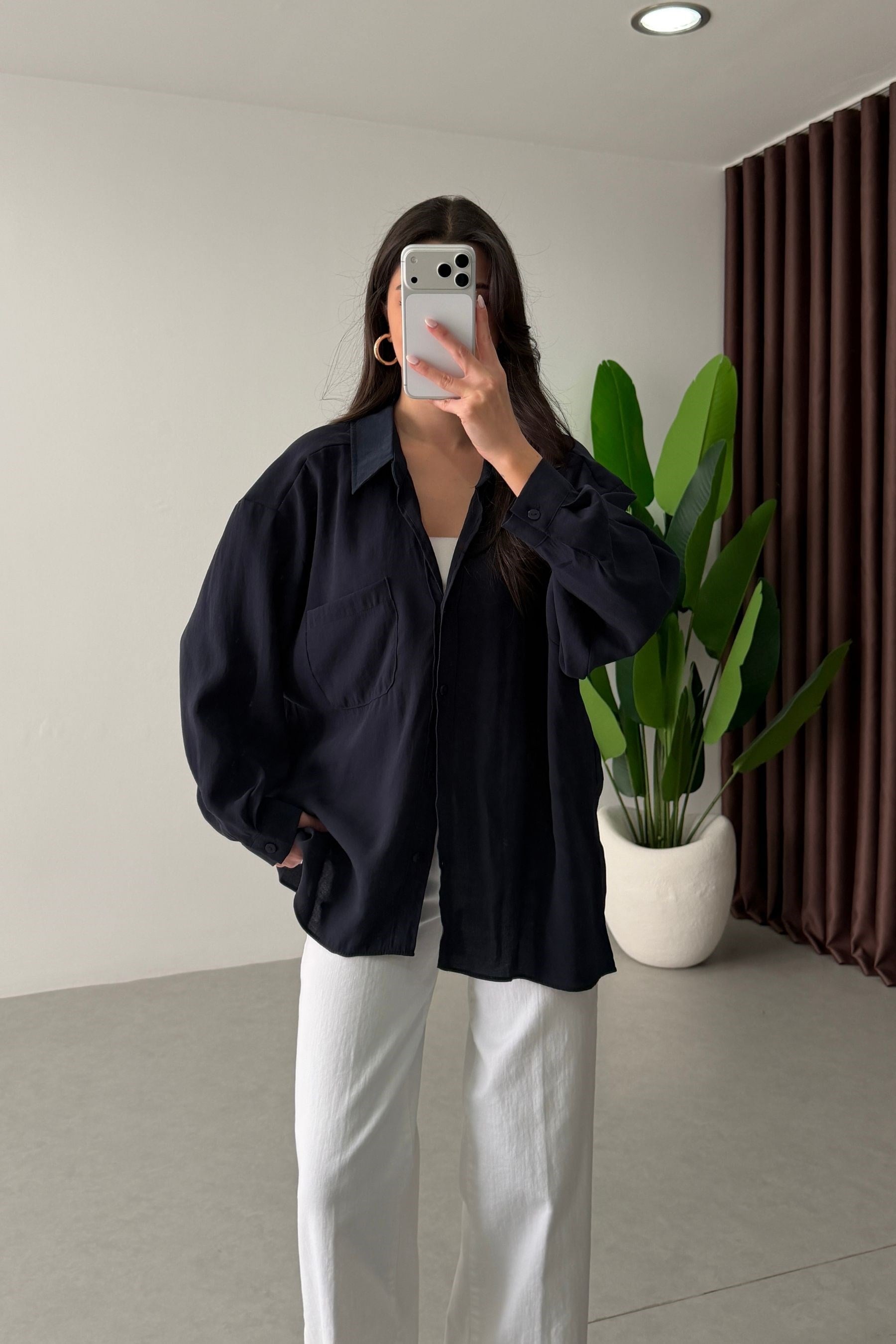 Core Lacivert Oversize Modal Gömlek 