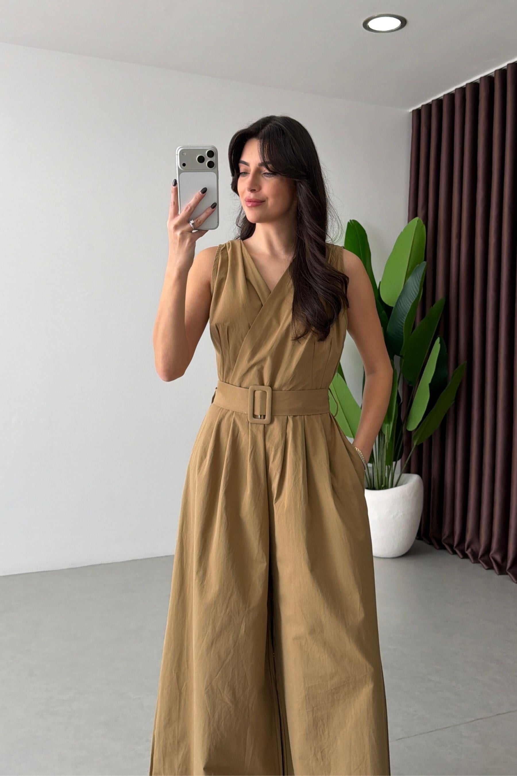 Cray Camel Kruvaze Kemerli Poplin Tulum