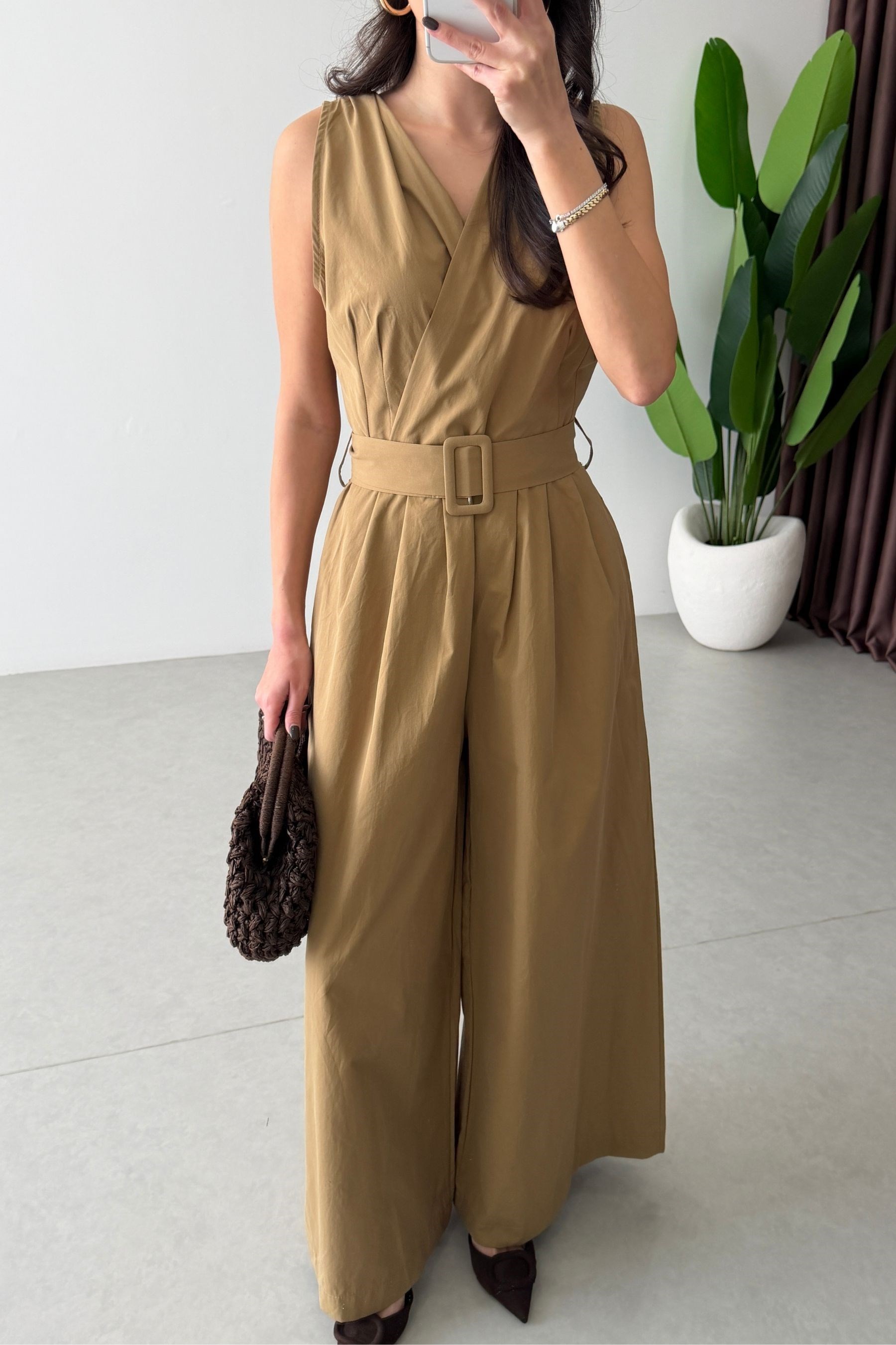 Cray Camel Kruvaze Kemerli Poplin Tulum
