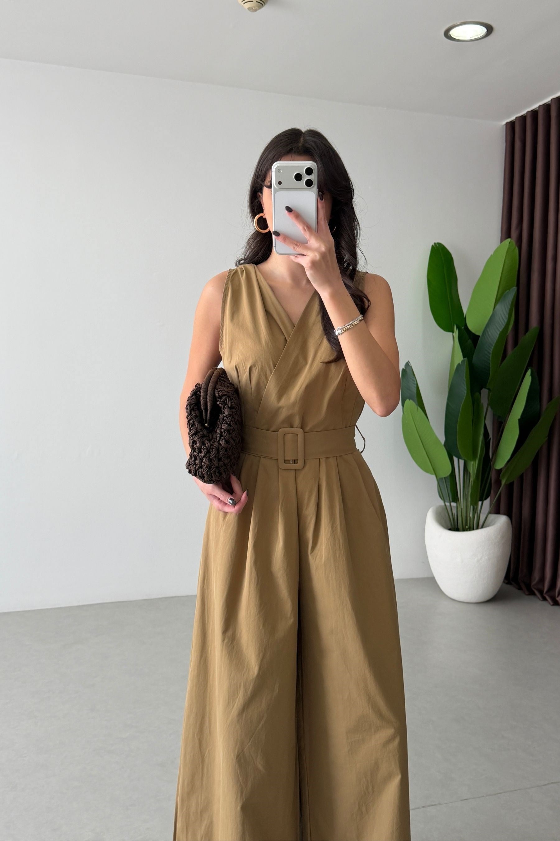 Cray Camel Kruvaze Kemerli Poplin Tulum