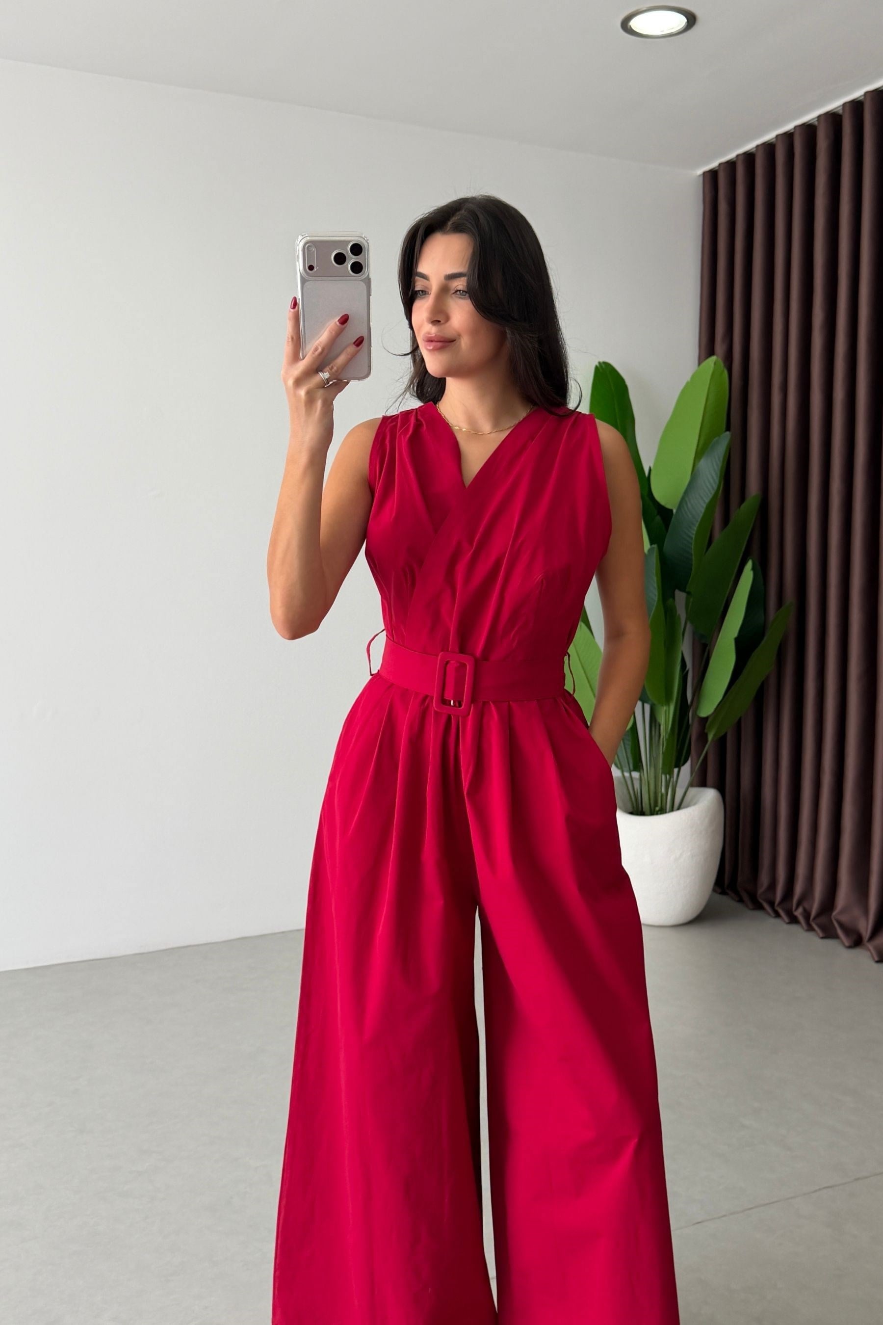 Cray Kırmızı Kruvaze Kemerli Poplin Tulum