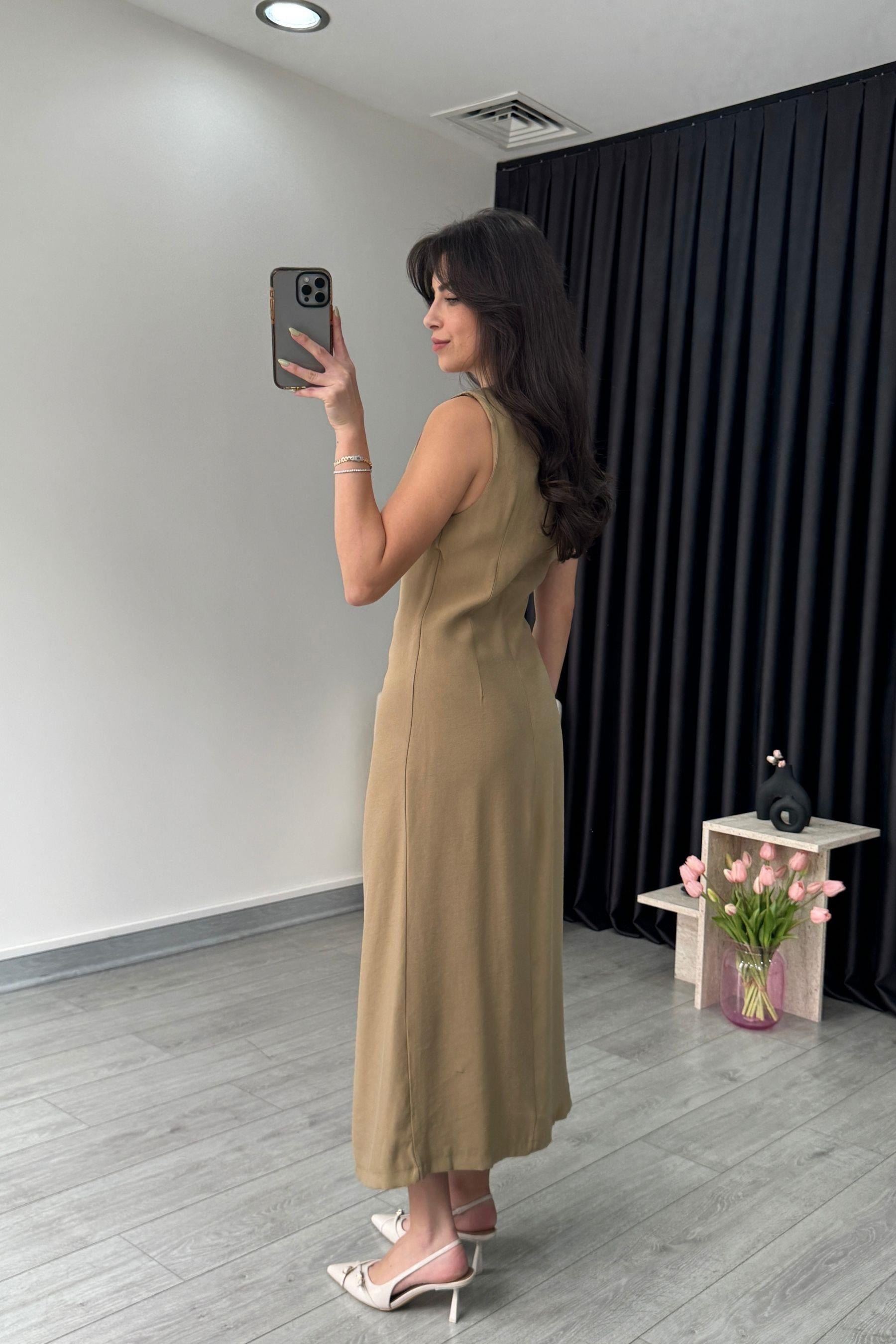 Daisy Toka Detay Drapeli Camel Elbise