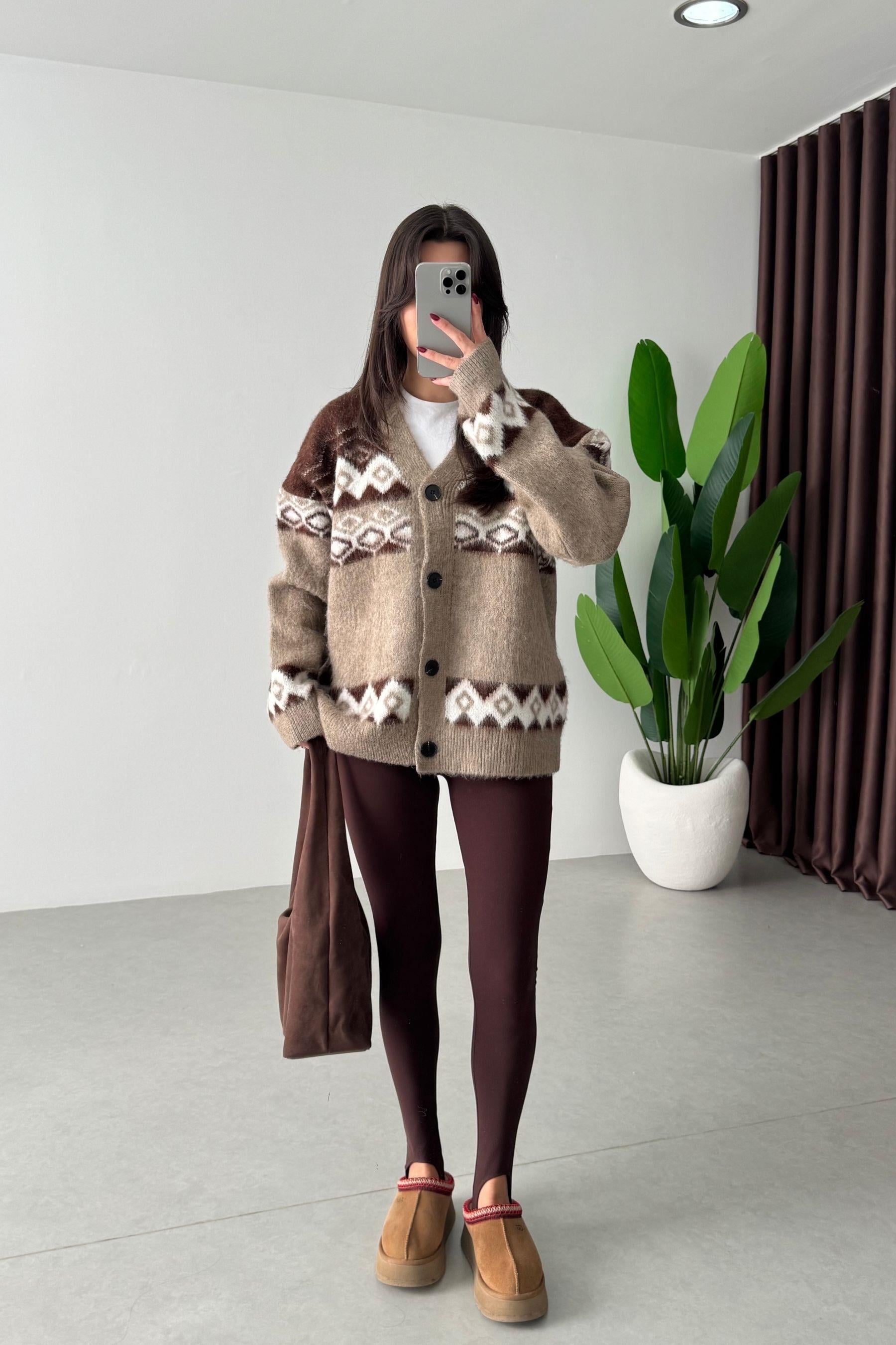 Decona Kahve Desenli Oversize Hırka