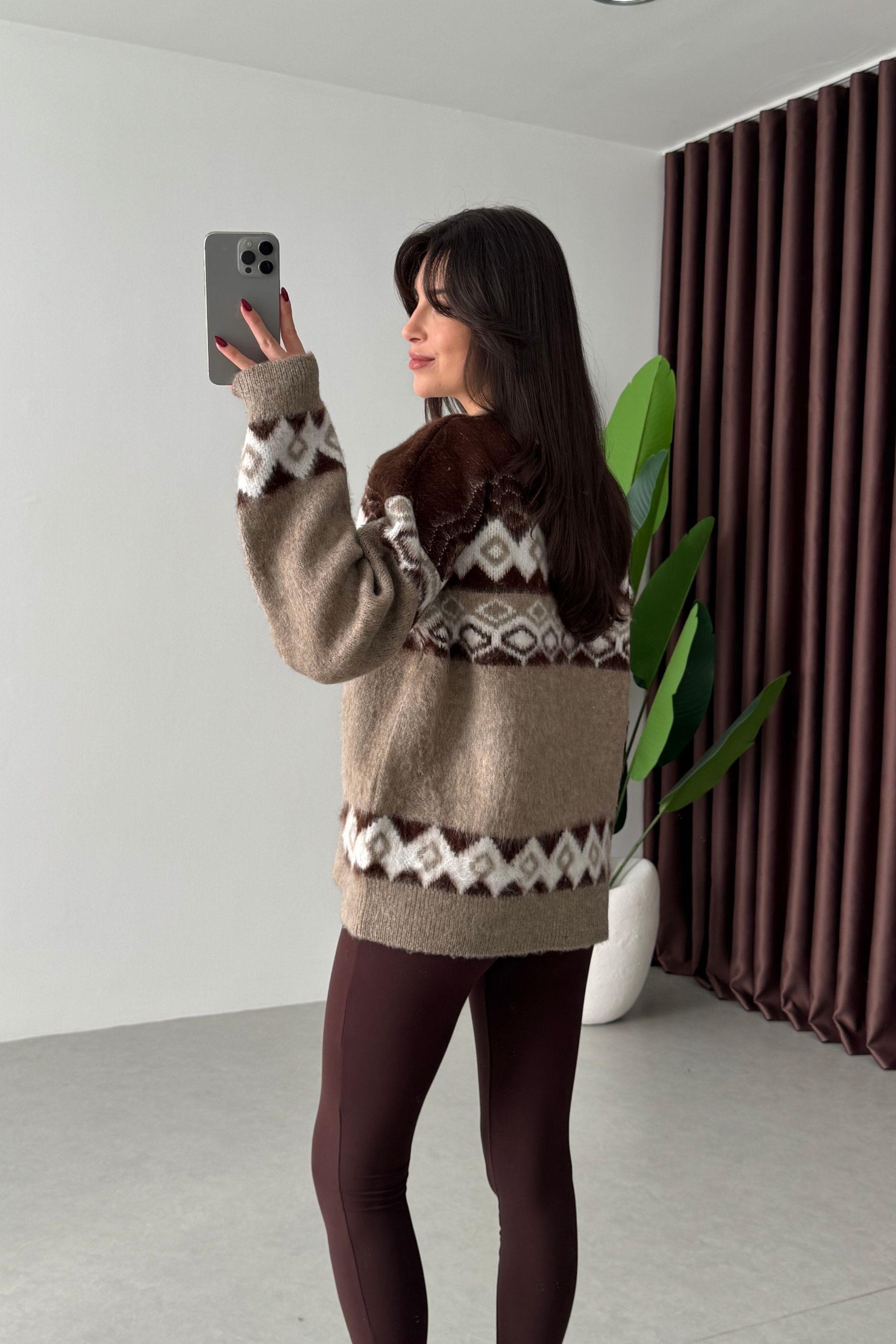 Decona Kahve Desenli Oversize Hırka