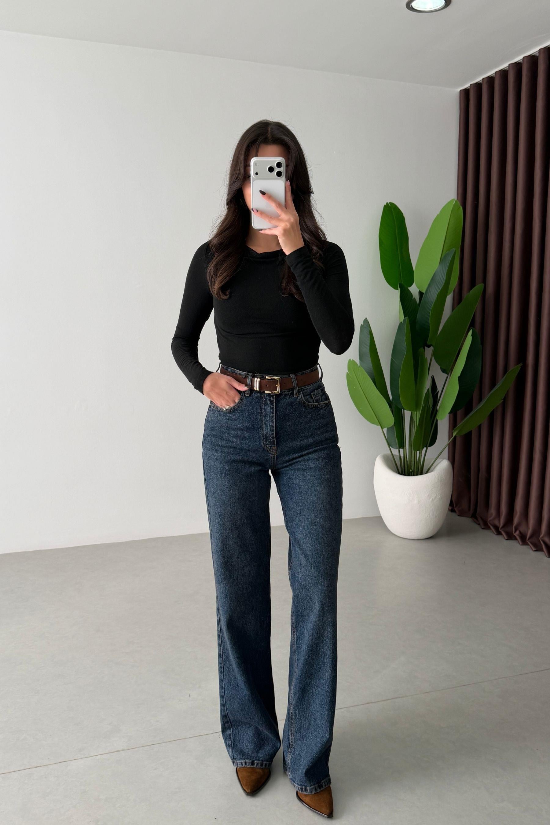 Dena Koyu Mavi Kemerli Wide Leg Jean