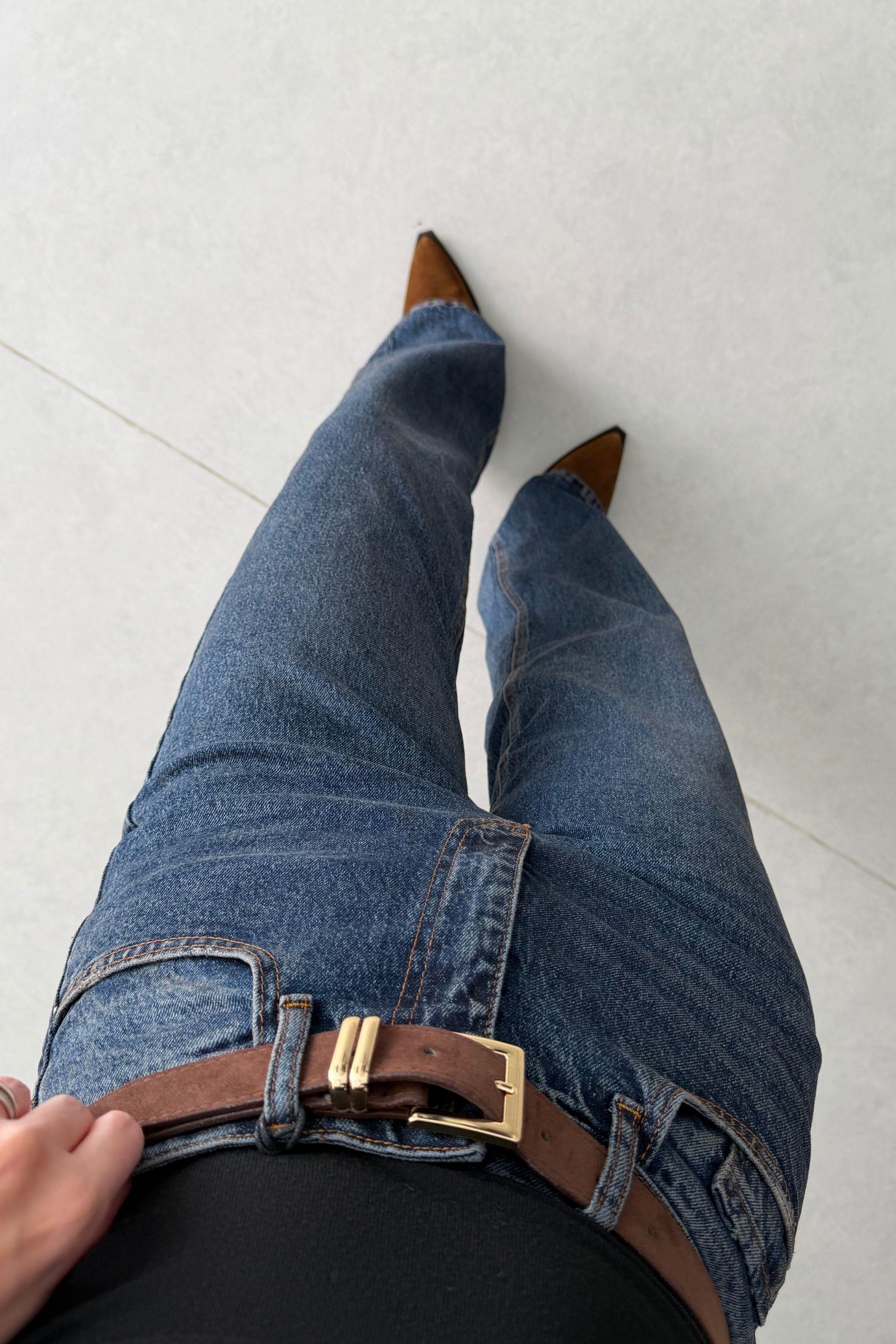 Dena Koyu Mavi Kemerli Wide Leg Jean